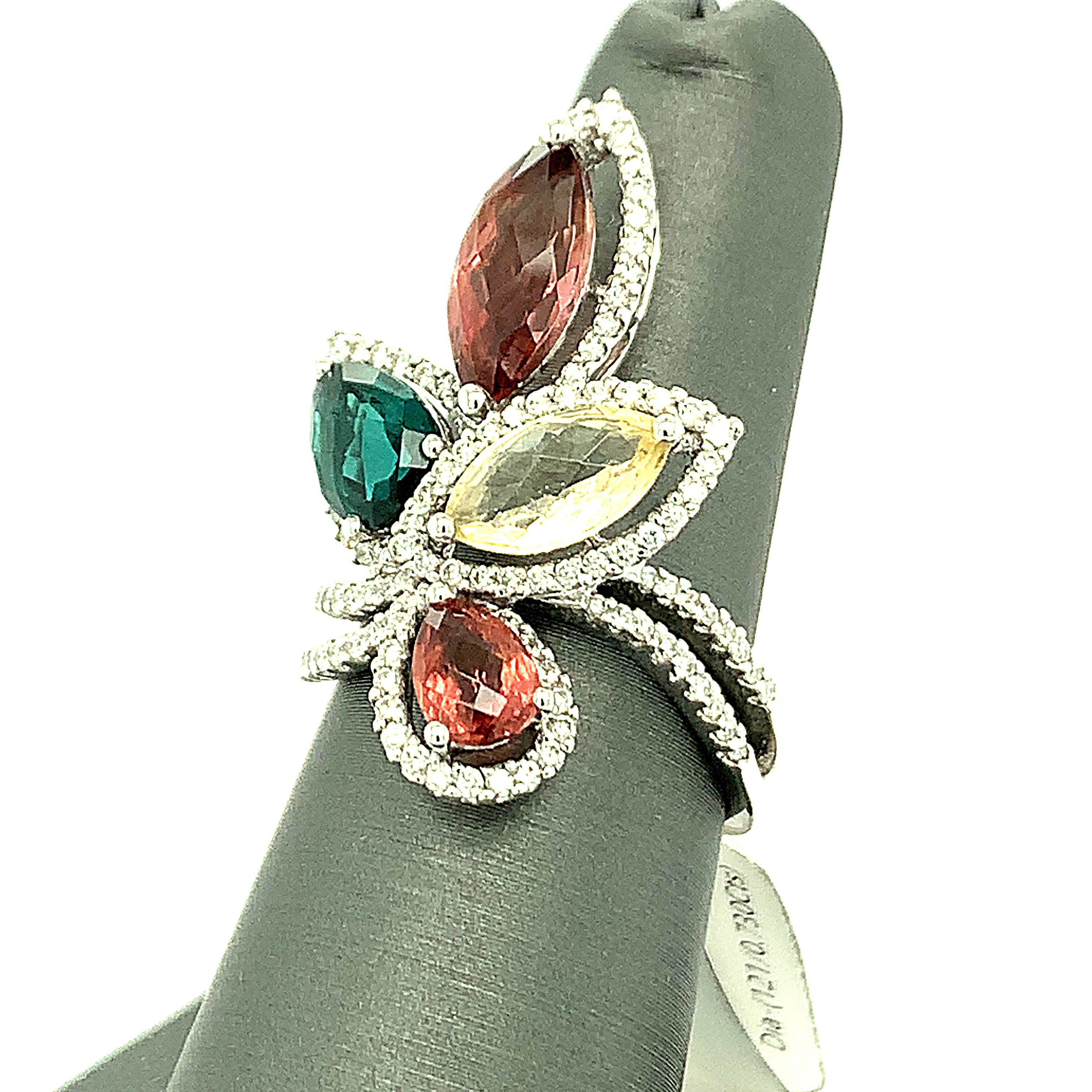 Multicolor Tourmaline and Diamond 18K White Gold Cocktail Ring 6