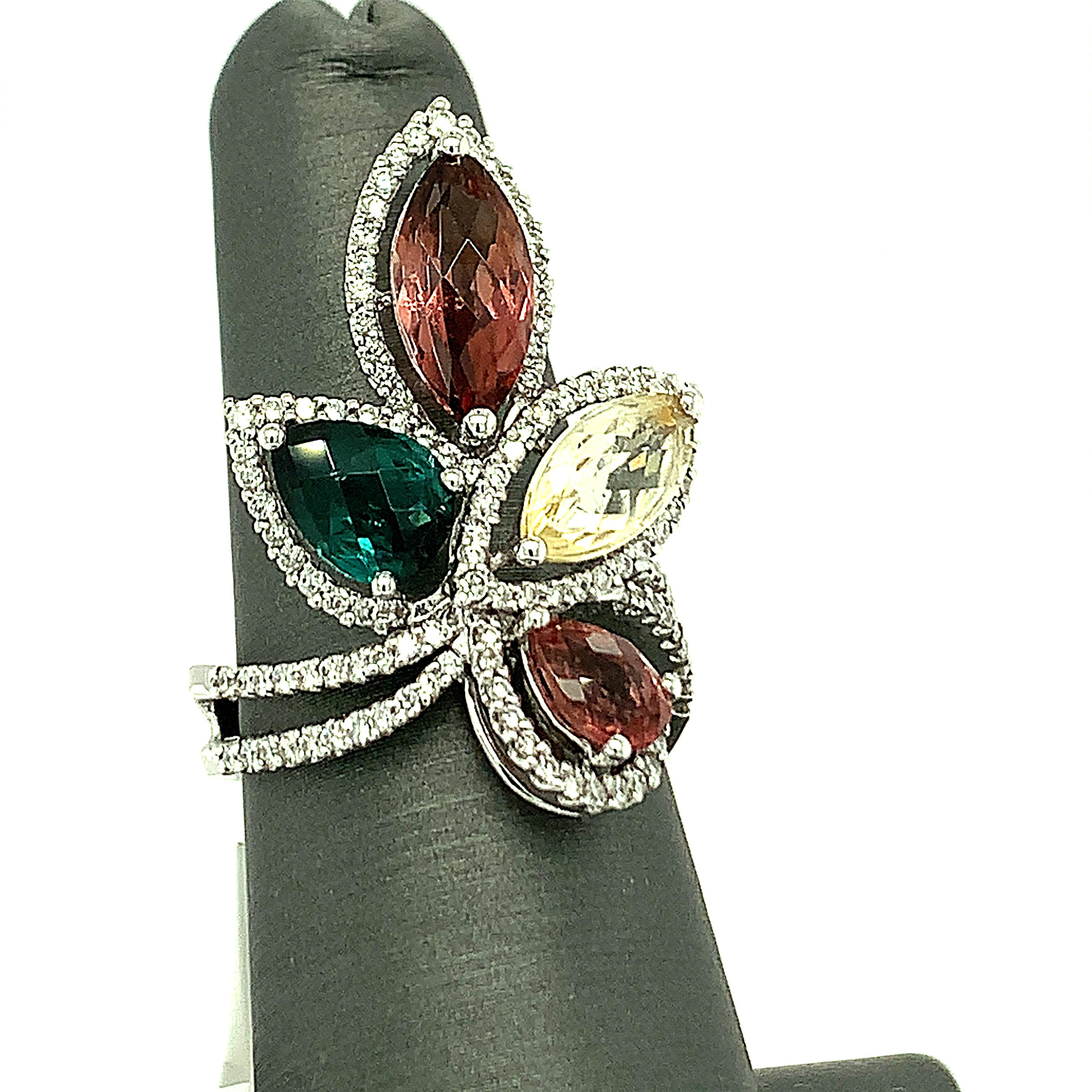 Multicolor Tourmaline and Diamond 18K White Gold Cocktail Ring 7