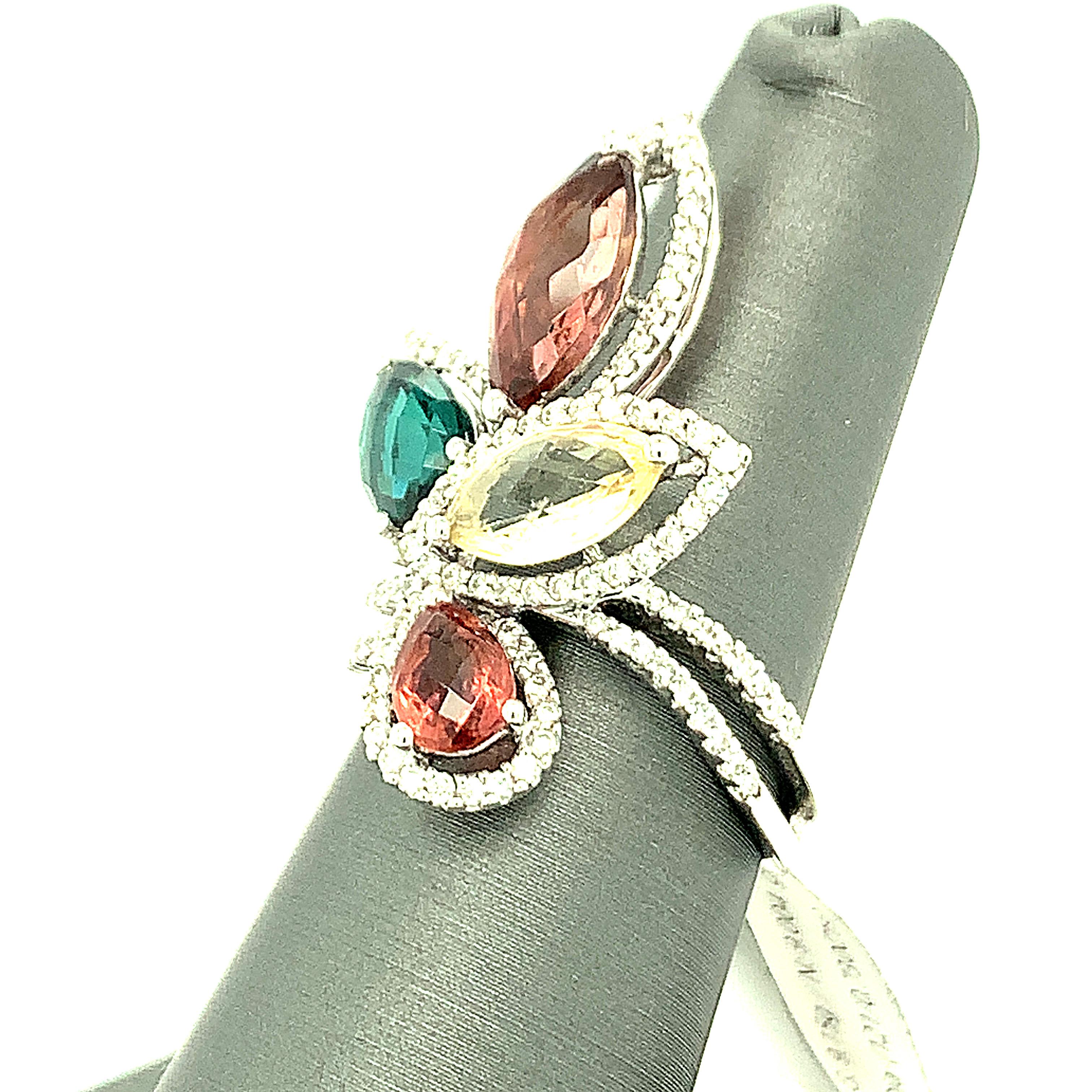 Mixed Cut Multicolor Tourmaline and Diamond 18K White Gold Cocktail Ring
