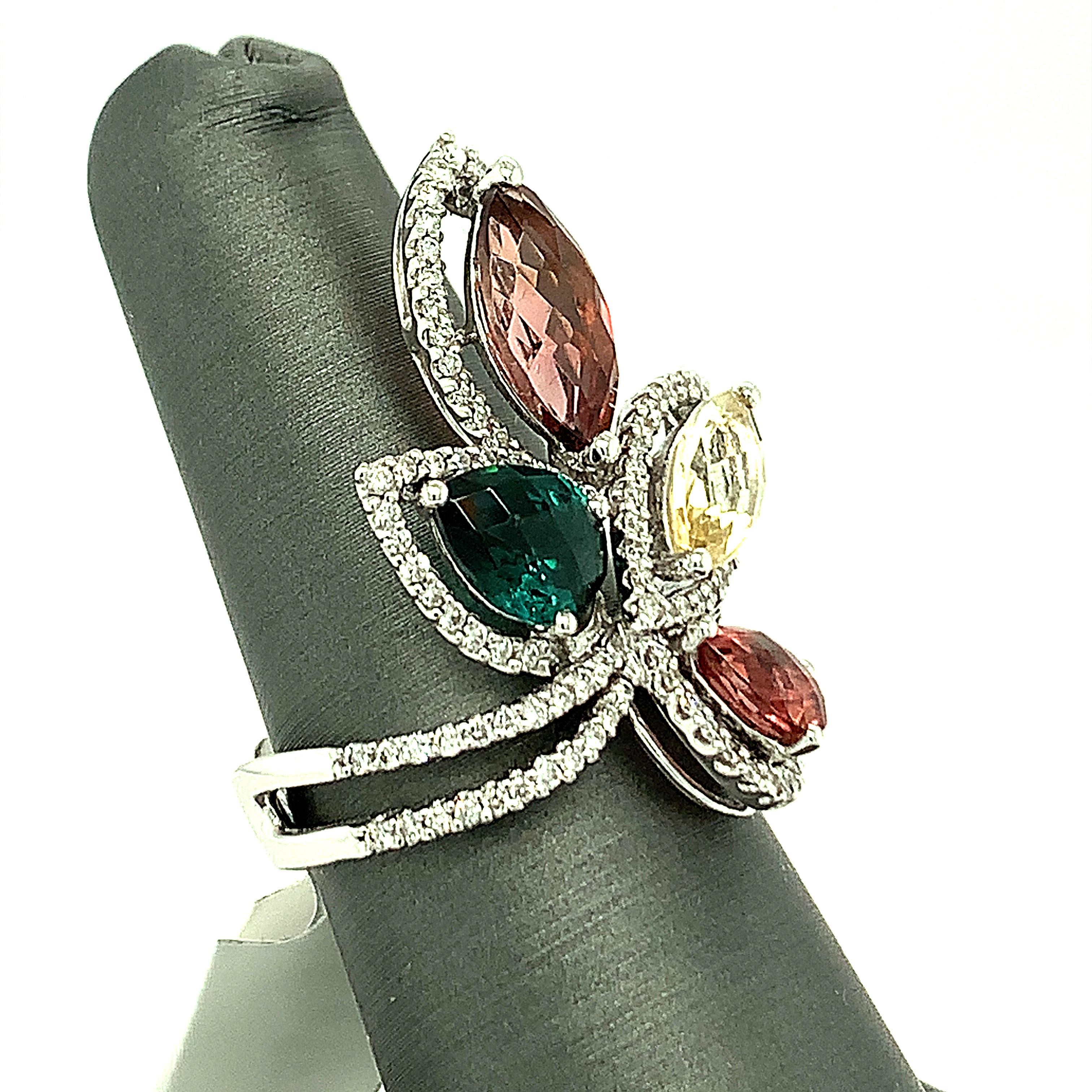 Multicolor Tourmaline and Diamond 18K White Gold Cocktail Ring In New Condition In Trumbull, CT