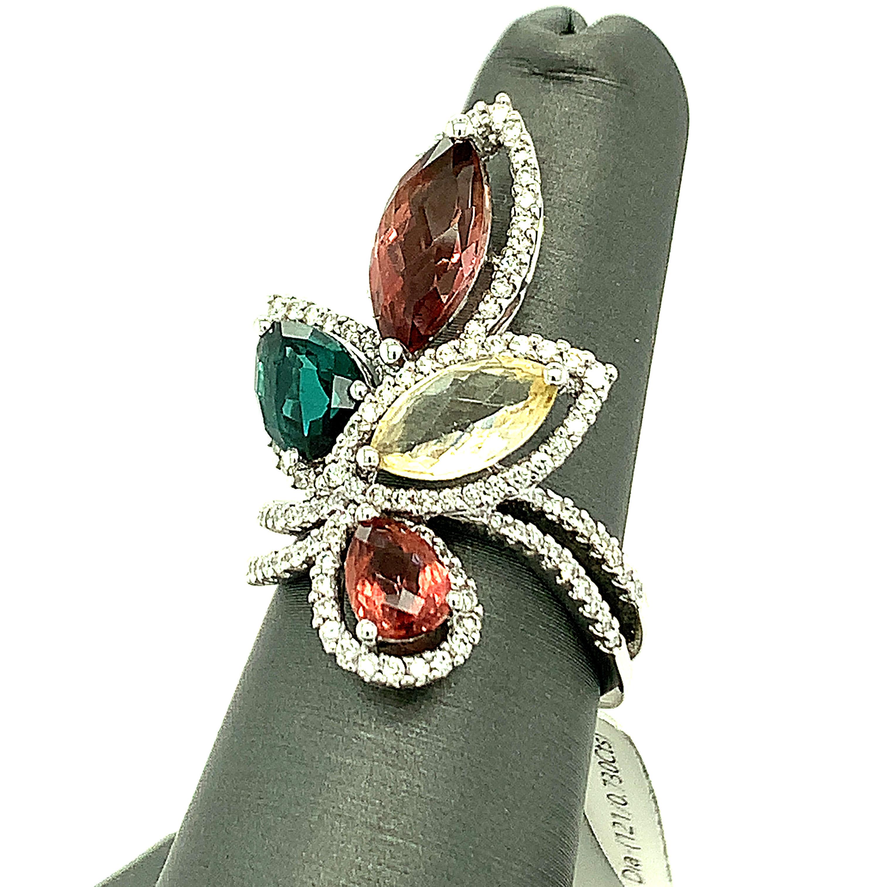 Women's Multicolor Tourmaline and Diamond 18K White Gold Cocktail Ring