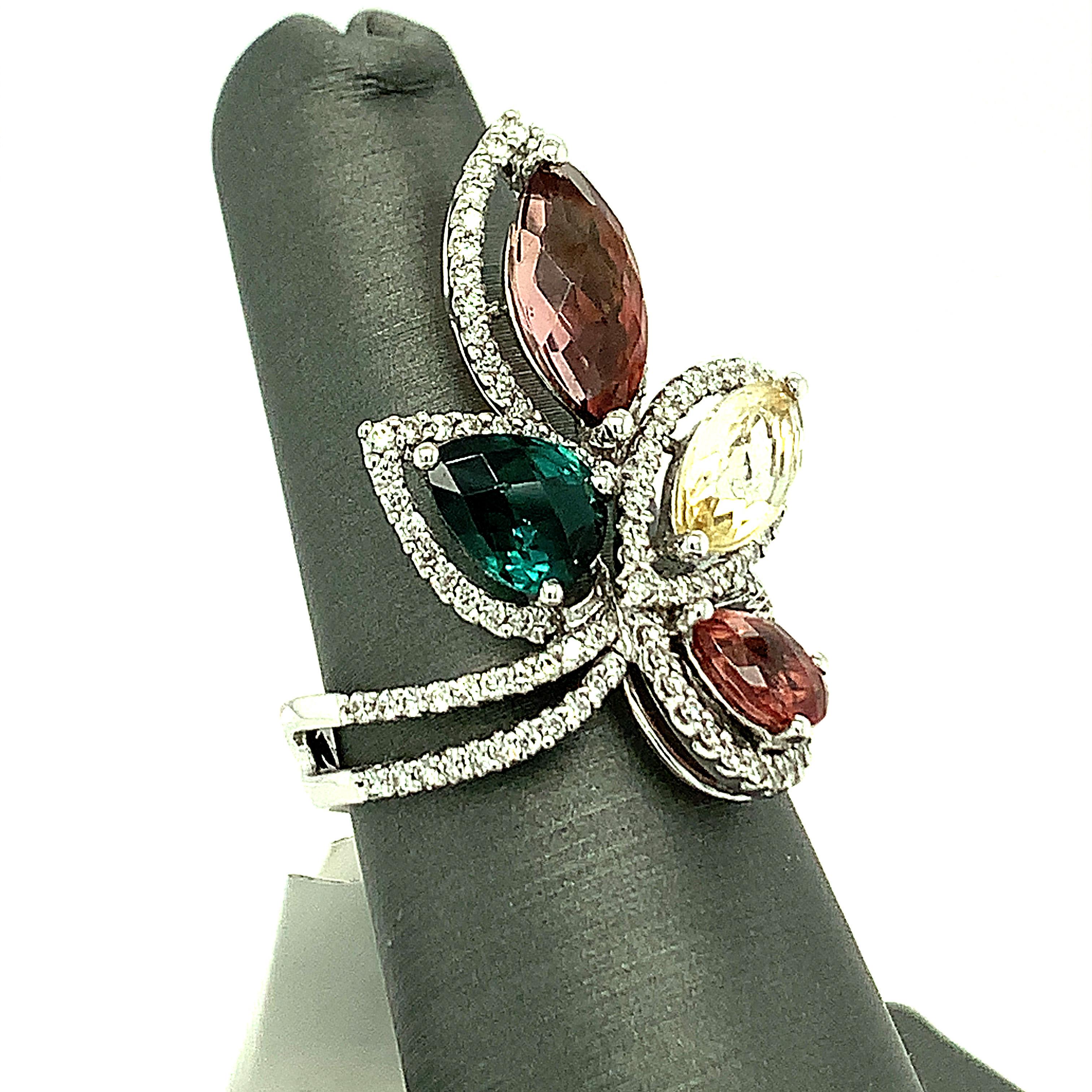 Multicolor Tourmaline and Diamond 18K White Gold Cocktail Ring 1