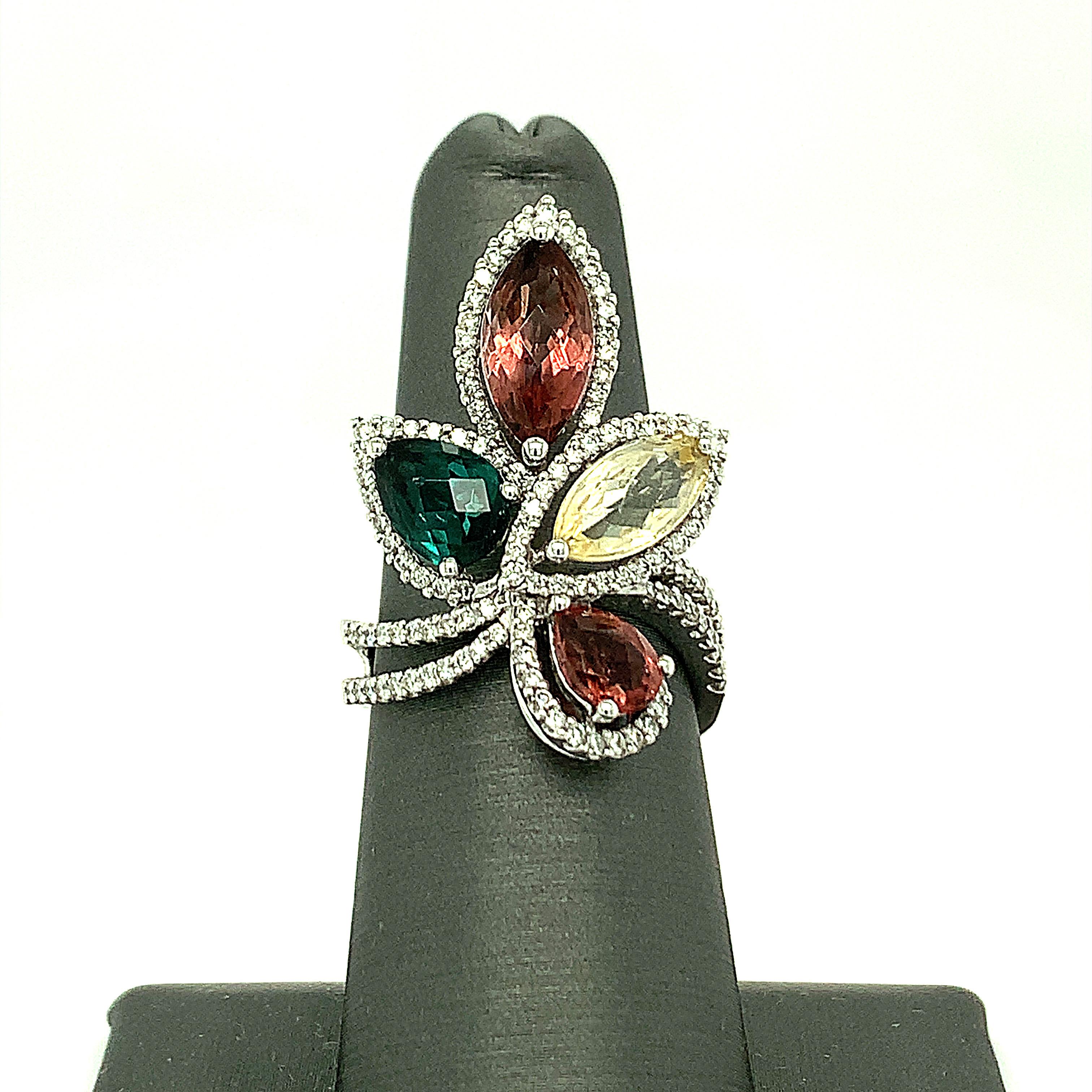 Multicolor Tourmaline and Diamond 18K White Gold Cocktail Ring 2