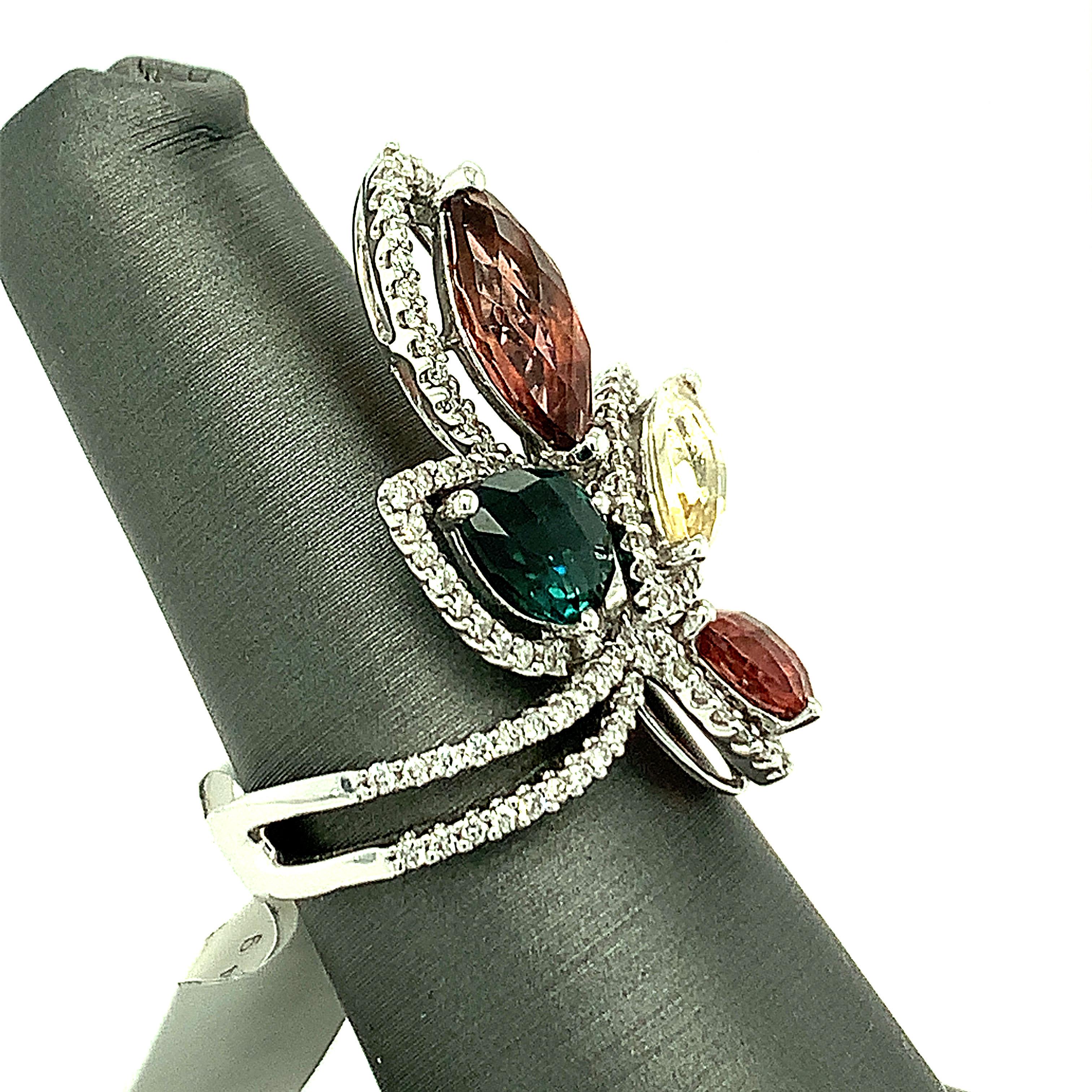 Multicolor Tourmaline and Diamond 18K White Gold Cocktail Ring 3