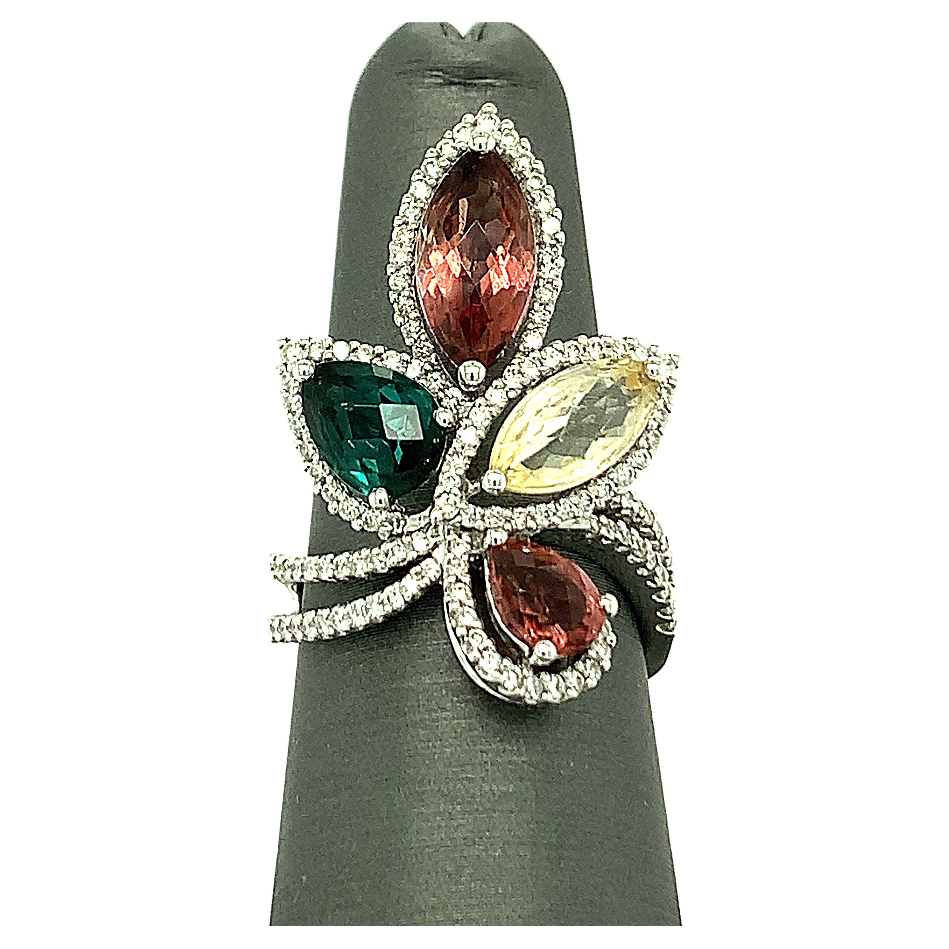 Multicolor Tourmaline and Diamond 18K White Gold Cocktail Ring