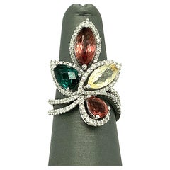 Multicolor Tourmaline and Diamond 18K White Gold Cocktail Ring