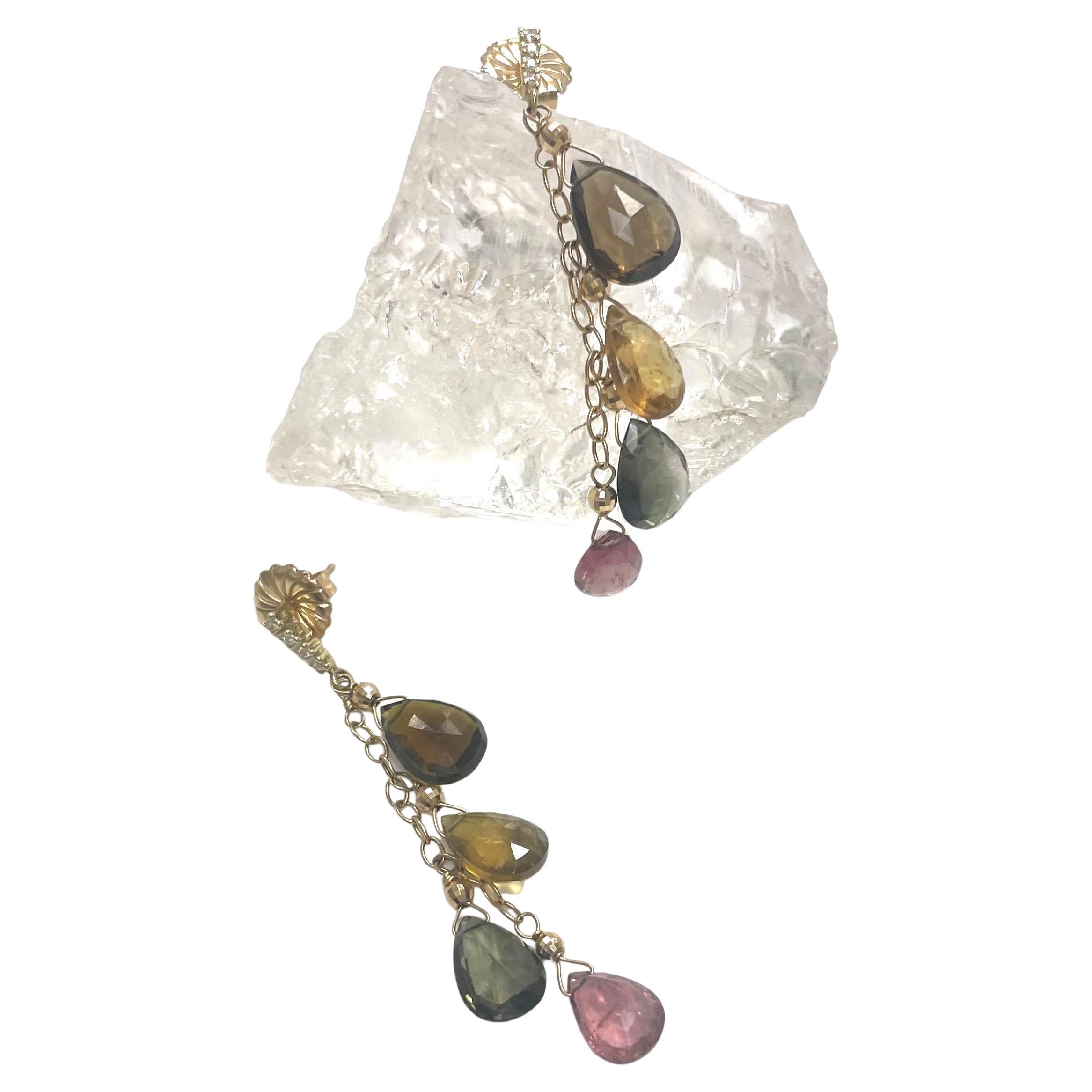 Pear Cut Multicolor Tourmaline and Diamond Paradizia Earrings For Sale