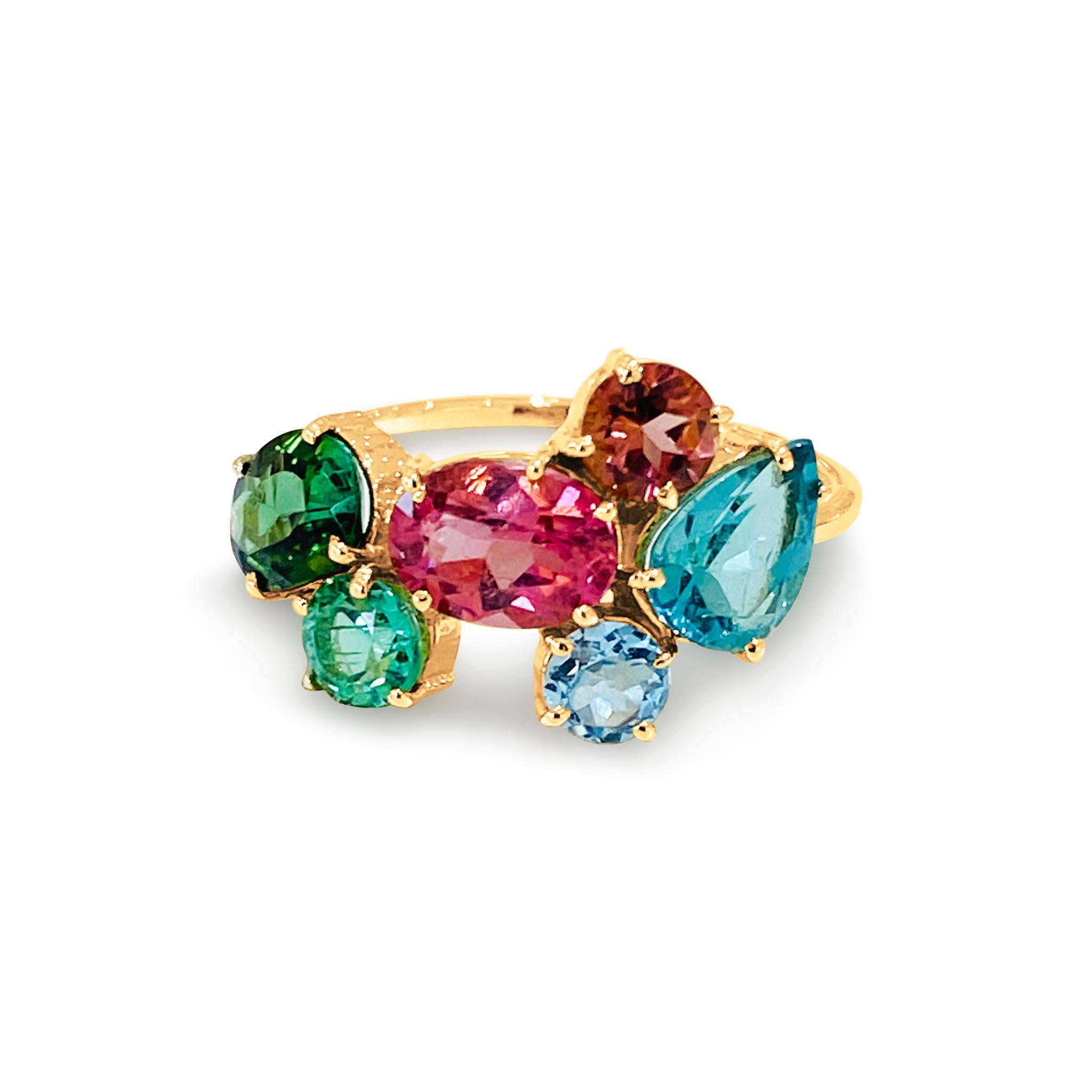 Brilliant Cut Multicolor Tourmaline Bouquet Ring in 18k YG