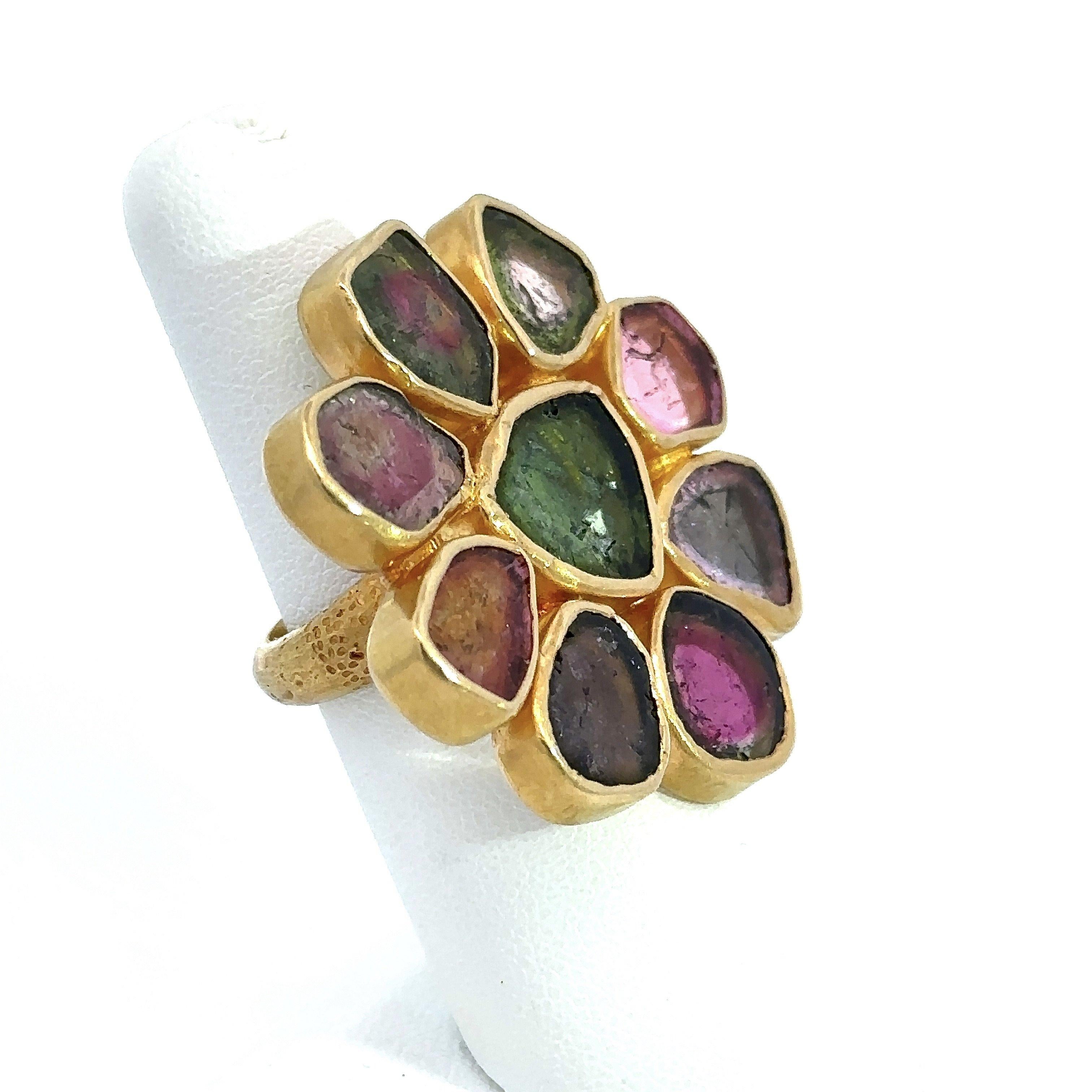 Modern Multicolor Tourmaline Cocktail Ring, 21KT Yellow Gold For Sale