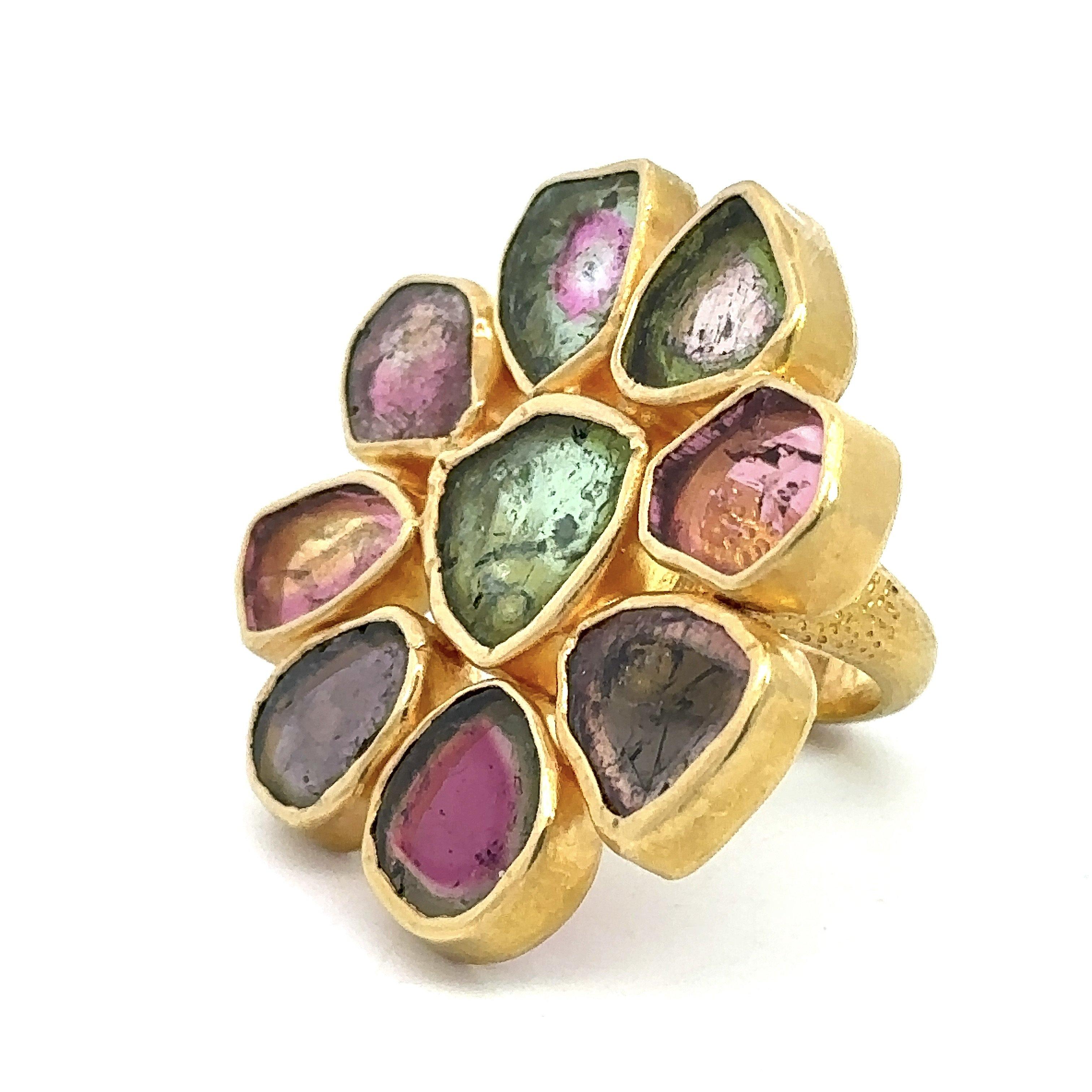 Multicolor Tourmaline Cocktail Ring, 21KT Yellow Gold For Sale 1