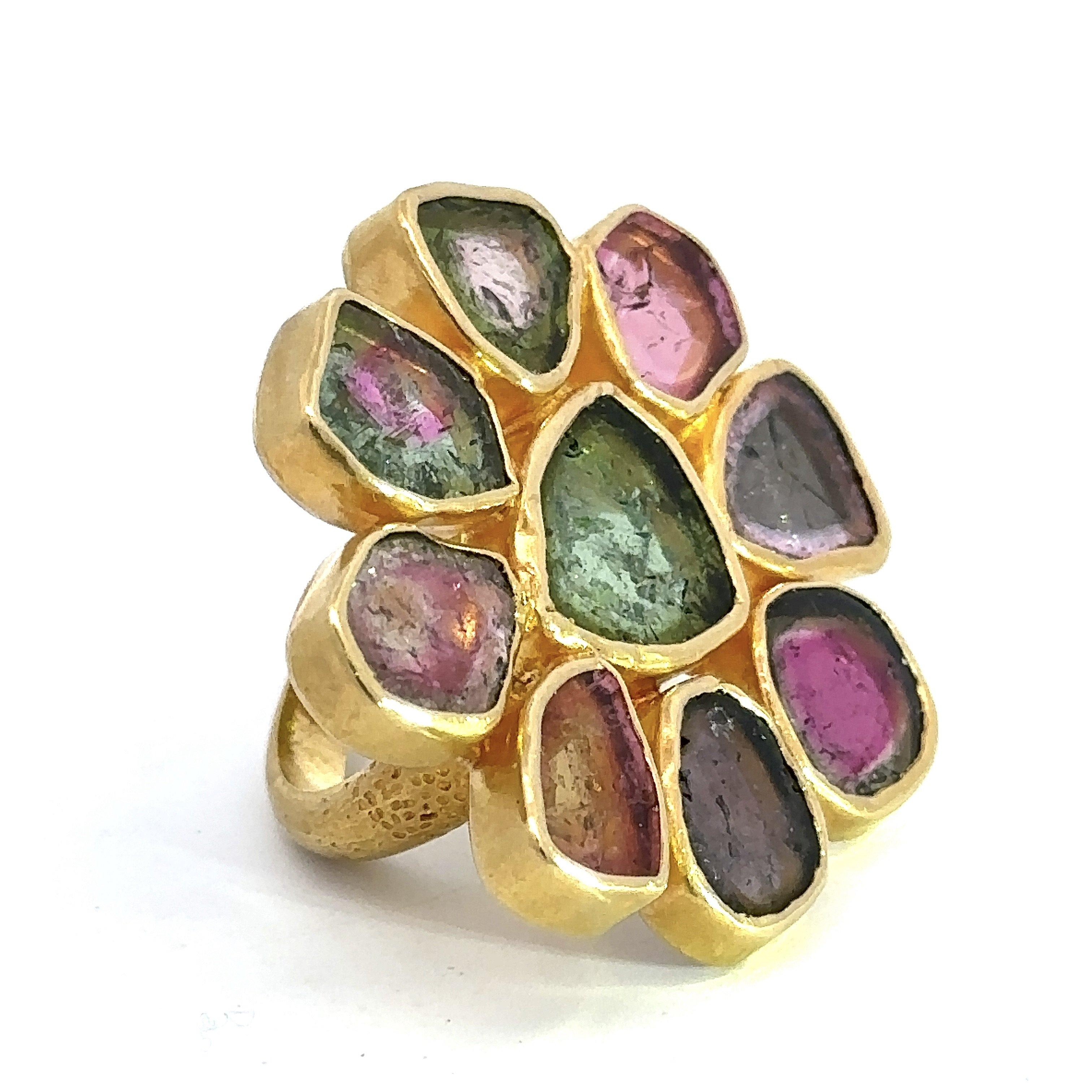 Multicolor Tourmaline Cocktail Ring, 21KT Yellow Gold For Sale 2