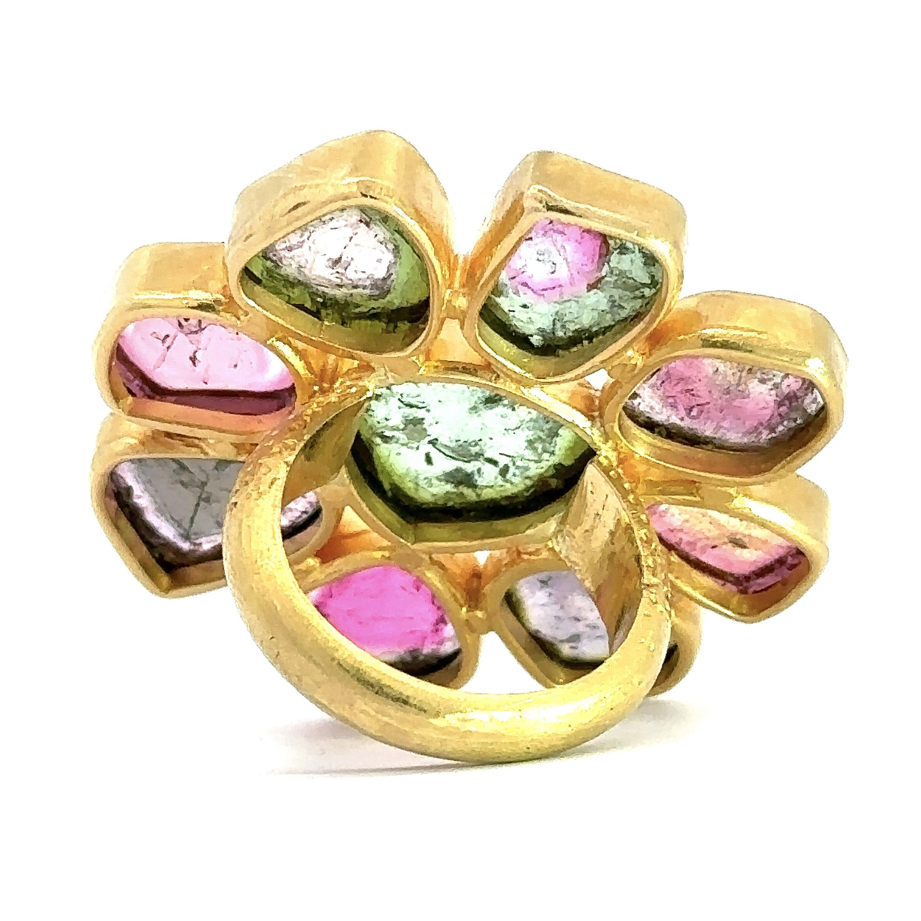 Multicolor Tourmaline Cocktail Ring, 21KT Yellow Gold For Sale 3