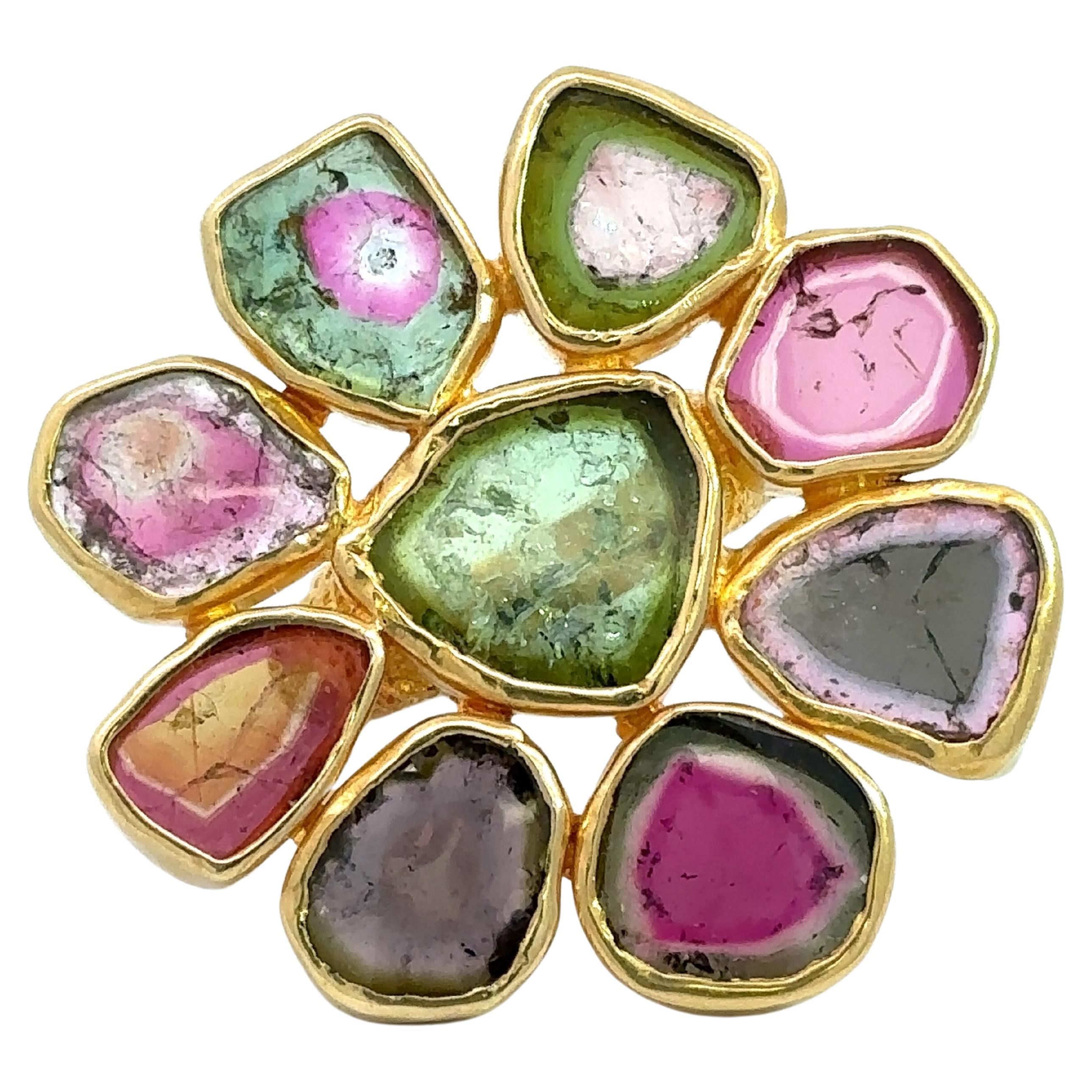 Multicolor Tourmaline Cocktail Ring, 21KT Yellow Gold For Sale