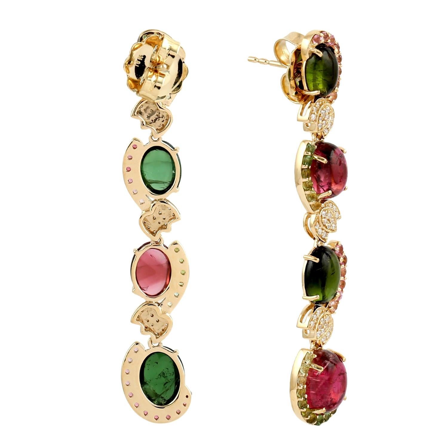 Mixed Cut Multicolor Tourmaline Dangle Earrings Accented WIth Diamonds In 18k Gold For Sale