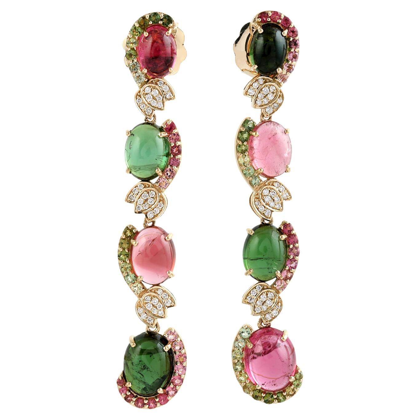 Multicolor Tourmaline Dangle Earrings Accented WIth Diamonds In 18k Gold
