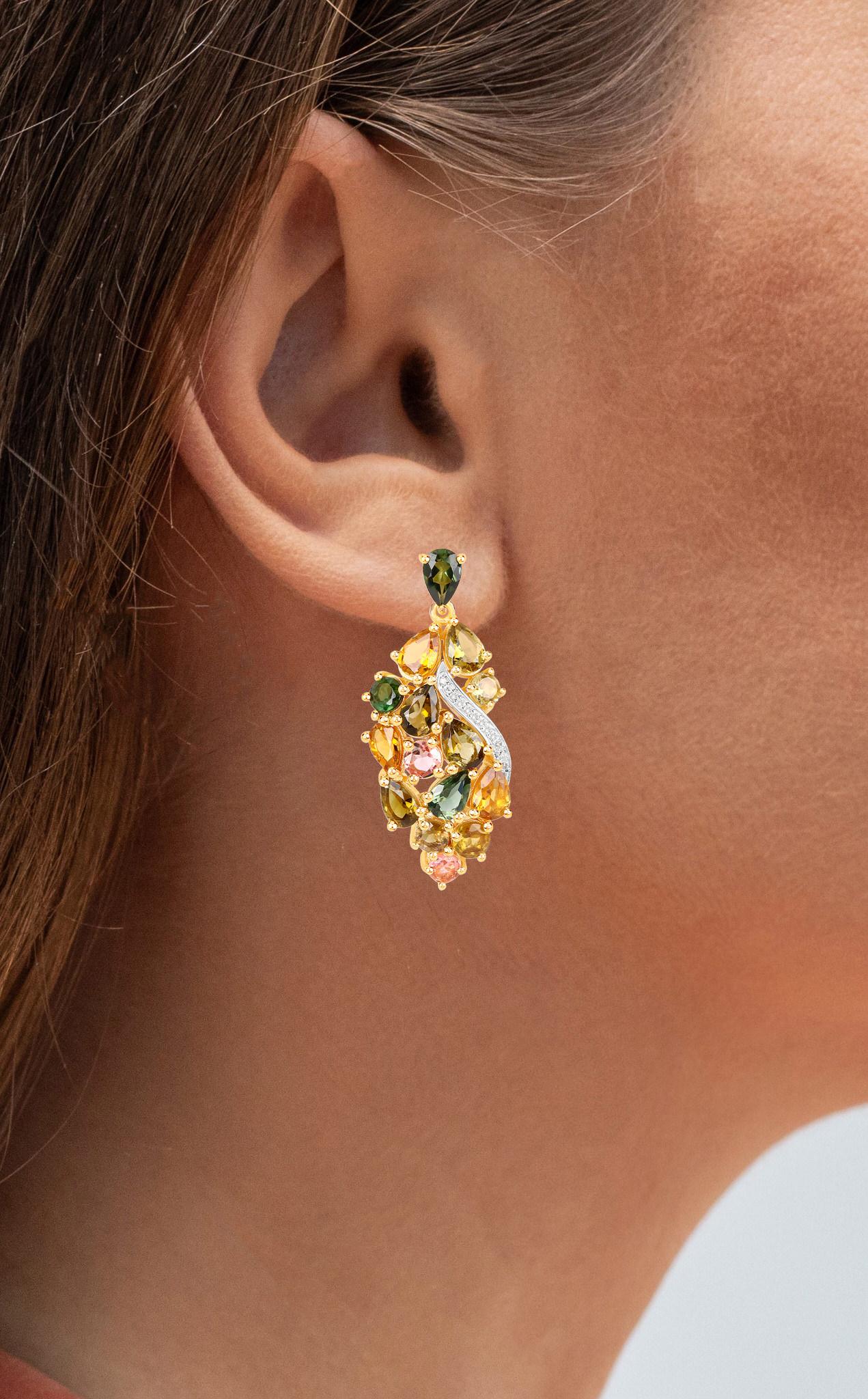 Contemporary Multicolor Tourmaline Dangle Earrings Diamonds 18K Yellow Gold Plated Silver For Sale