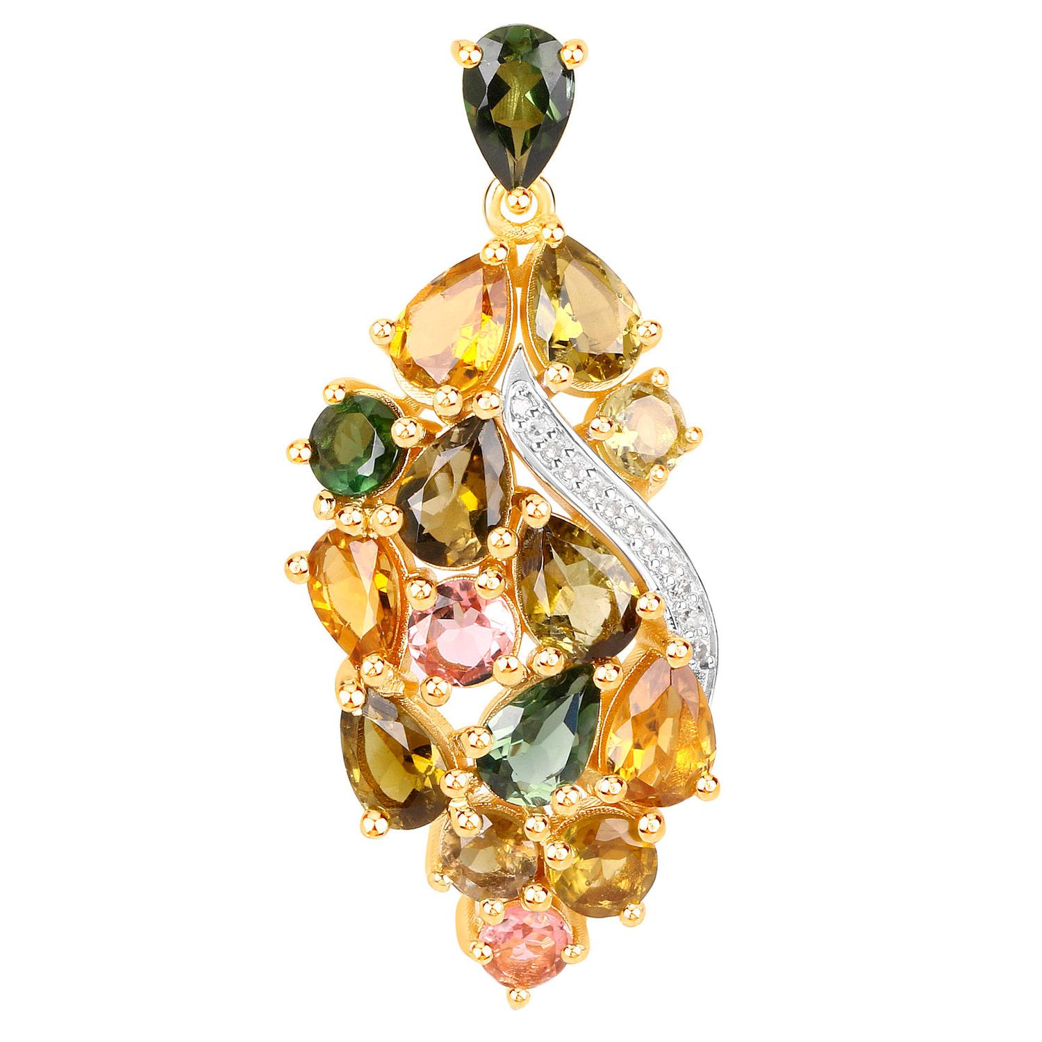 Mixed Cut Multicolor Tourmaline Dangle Earrings Diamonds 18K Yellow Gold Plated Silver For Sale
