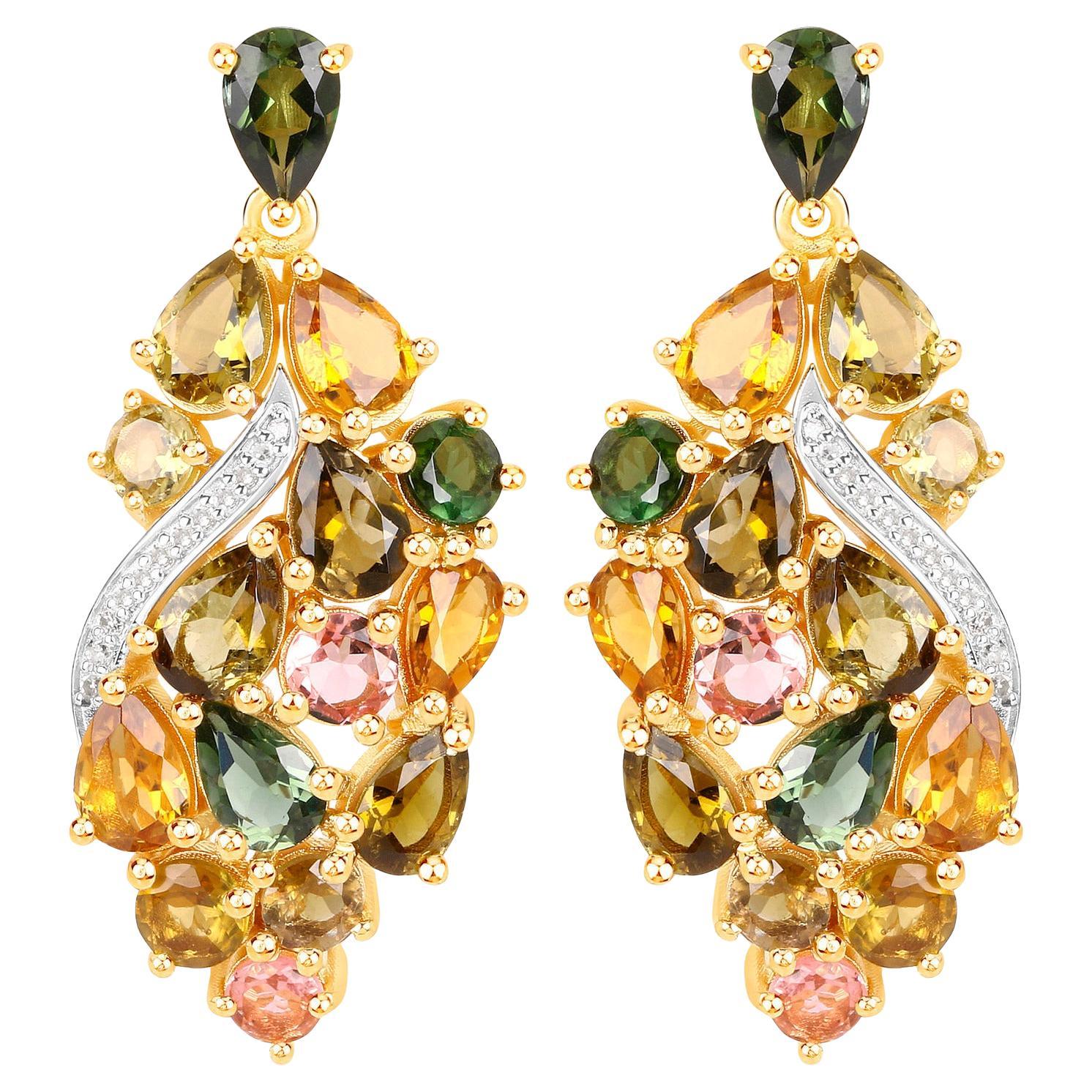 Multicolor Tourmaline Dangle Earrings Diamonds 18K Yellow Gold Plated Silver