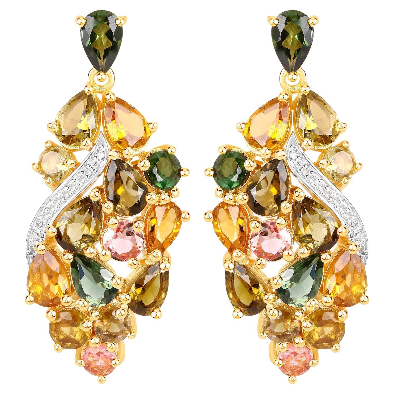 Multicolor Tourmaline Dangle Earrings Diamonds 18K Yellow Gold Plated Silver
