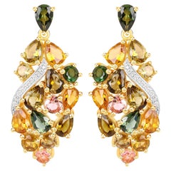 Multicolor Tourmaline Dangle Earrings Diamonds 18K Yellow Gold Plated Silver