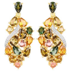 Multicolor Tourmaline Dangle Earrings Diamonds 18K Yellow Gold Plated Silver