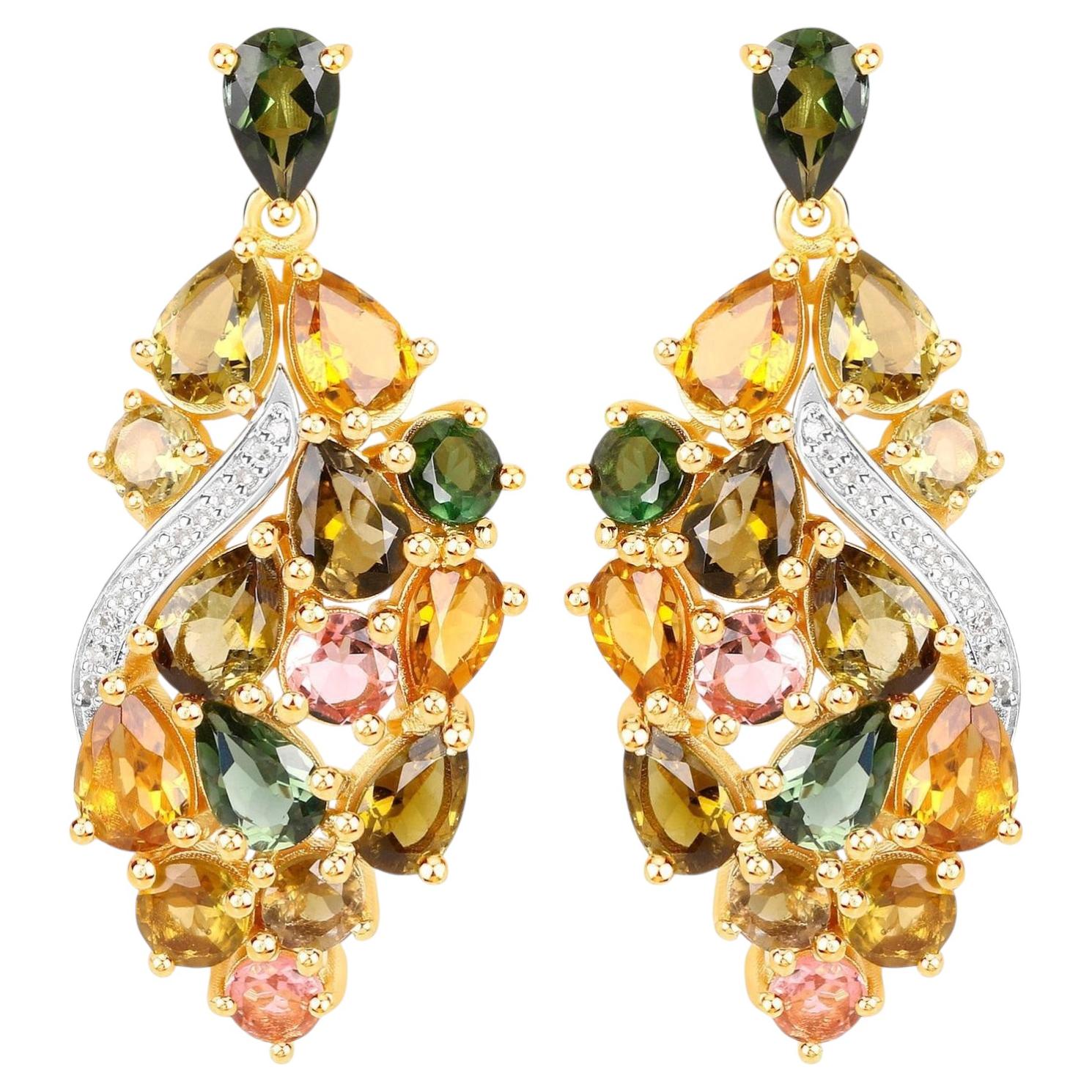 Pendants d'oreilles en argent plaqué or jaune 18 carats avec tourmaline multicolore et diamants