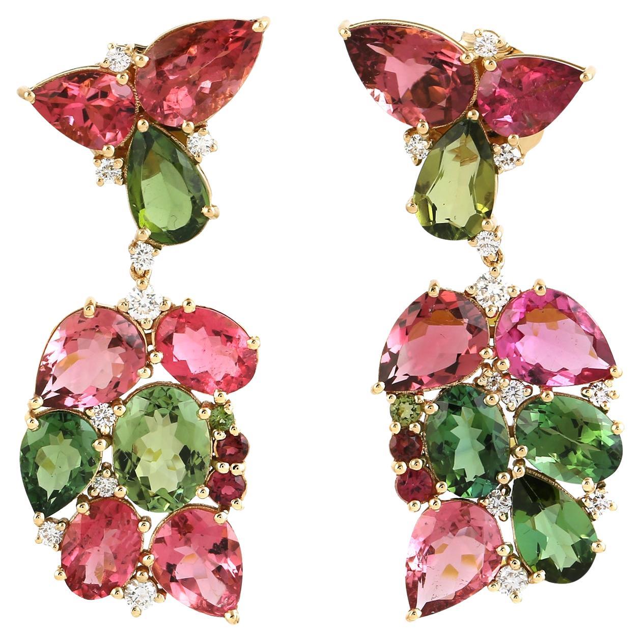 Multicolor Tourmaline Dangle Earrings Made in 18k White Gold For Sale