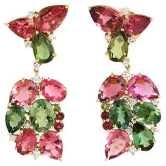 Boucles d'oreilles pendantes en or blanc 18 carats avec tourmaline multicolore