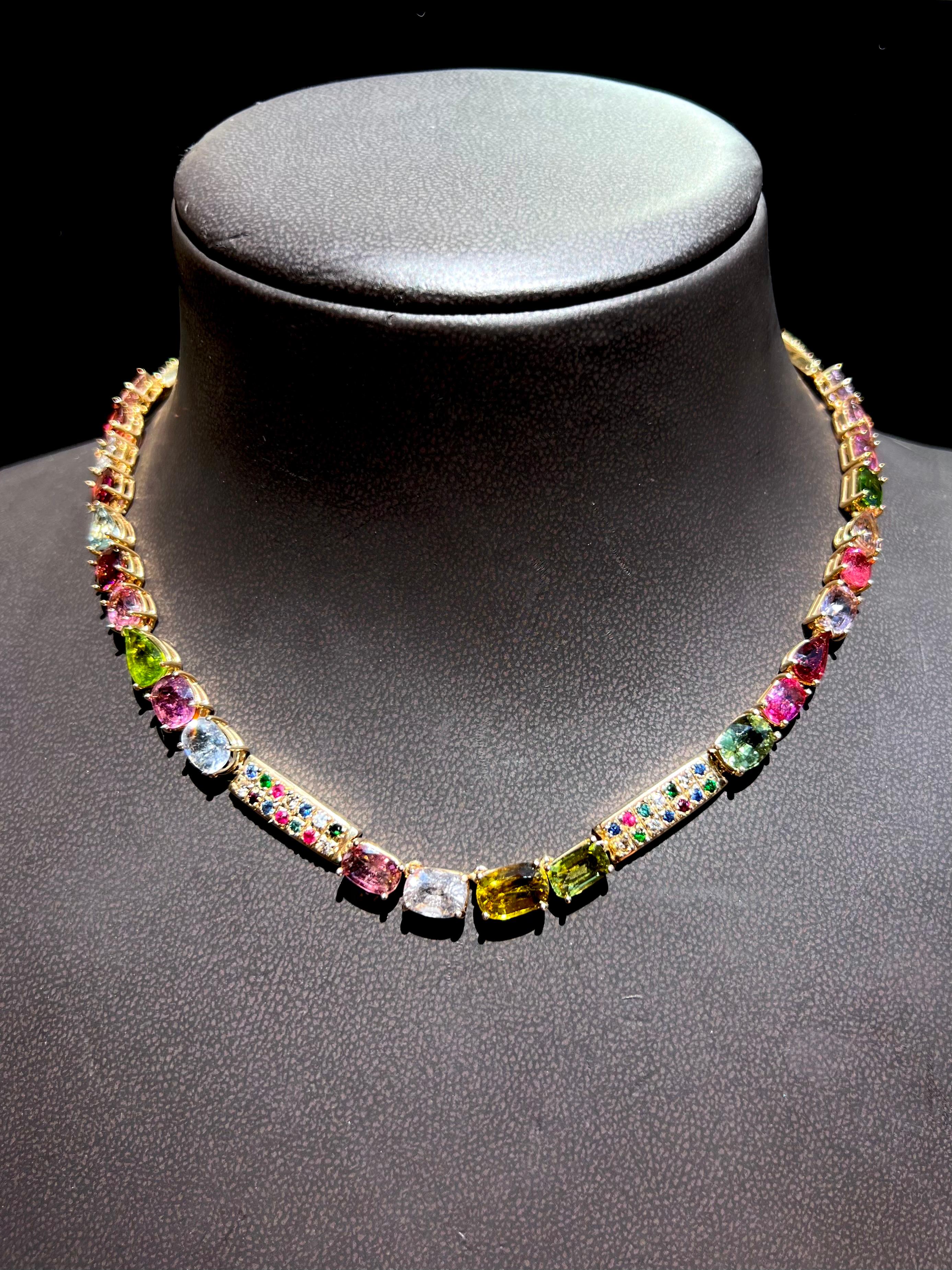 Multicolor Tourmaline Necklace with Colored Sapphires in 14k Yellow Gold For Sale