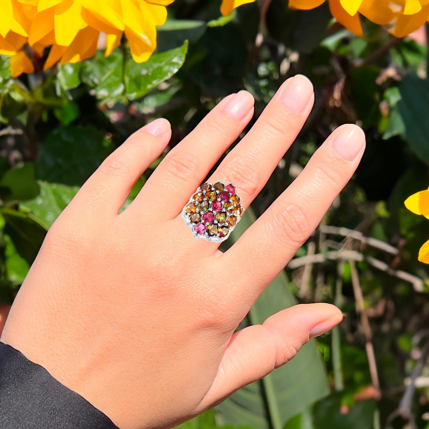Contemporary Multicolor Tourmaline Ring 5.89 Carats Rhodium Plated Sterling Silver For Sale