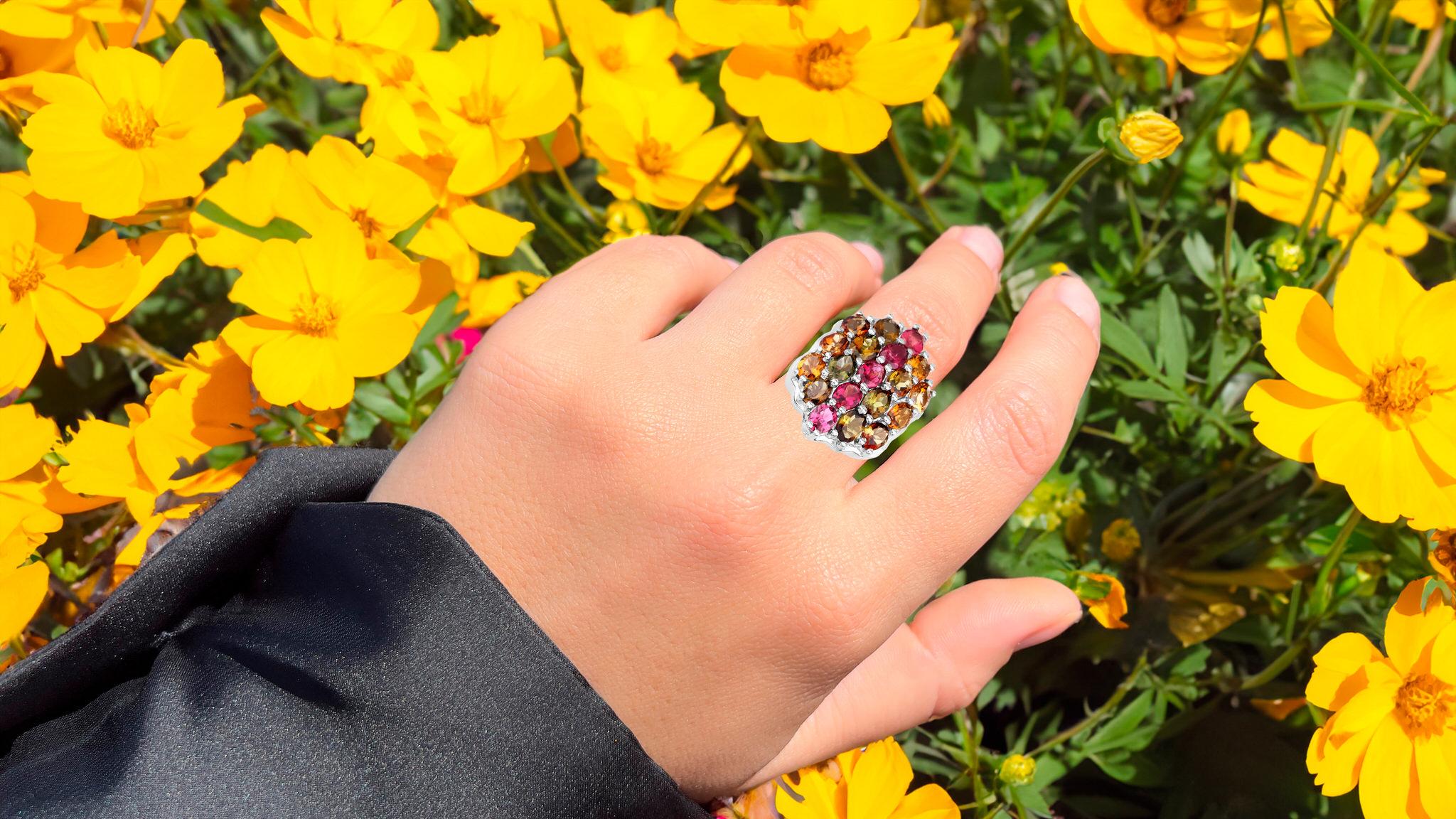 Oval Cut Multicolor Tourmaline Ring 5.89 Carats Rhodium Plated Sterling Silver For Sale