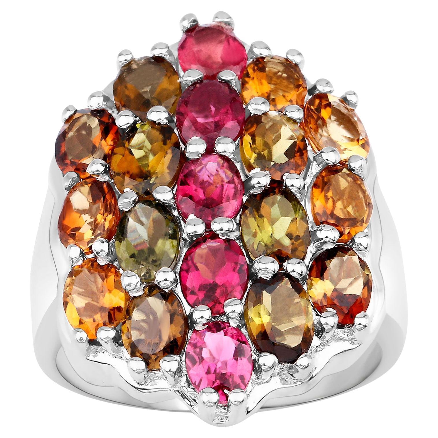 Multicolor Tourmaline Ring 5.89 Carats Rhodium Plated Sterling Silver For Sale