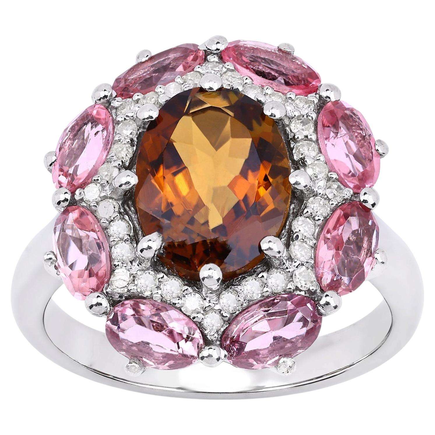 Mehrfarbiger Turmalin-Ring mit Diamanten, 4,18 Karat, Sterlingsilber