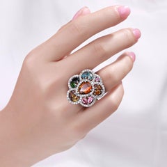 Multicolor Tourmaline Ring With Diamonds 5.02 Carats Sterling Silver