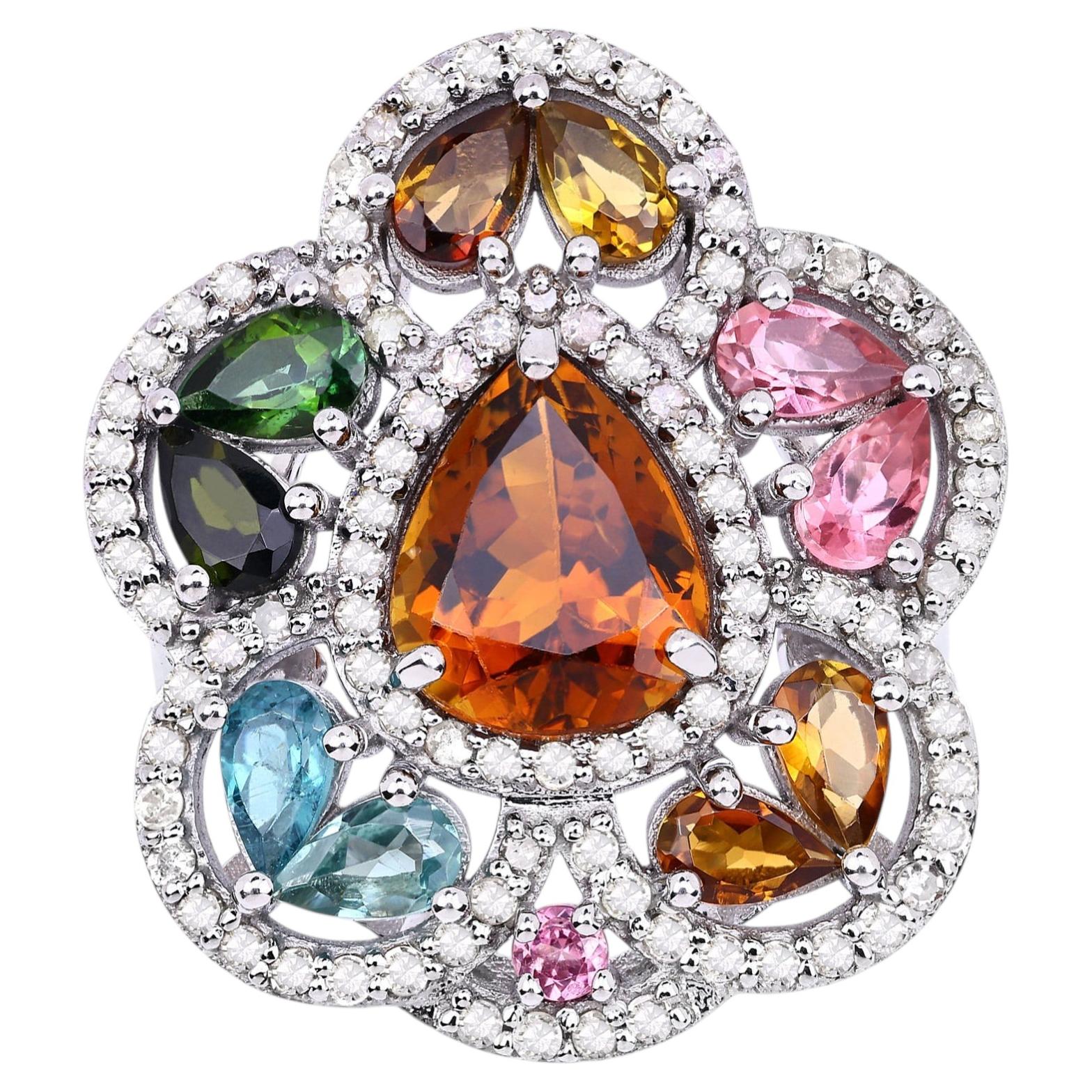 Multicolor Tourmaline Ring With Diamonds 5.02 Carats Sterling Silver