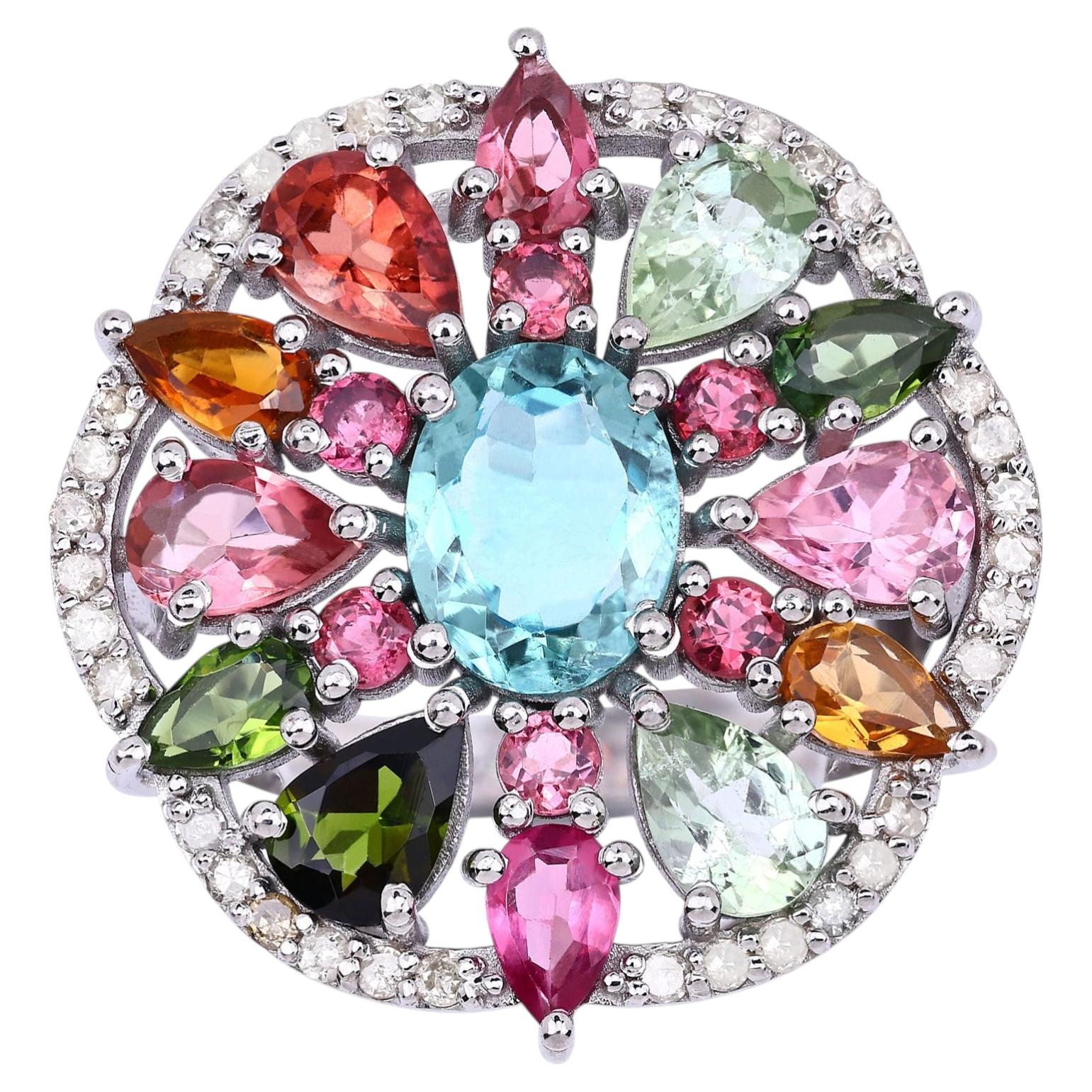 Multicolor Tourmaline Ring With Diamonds 5.1 Carats Sterling Silver
