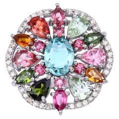 Multicolor Tourmaline Ring With Diamonds 5.1 Carats Sterling Silver