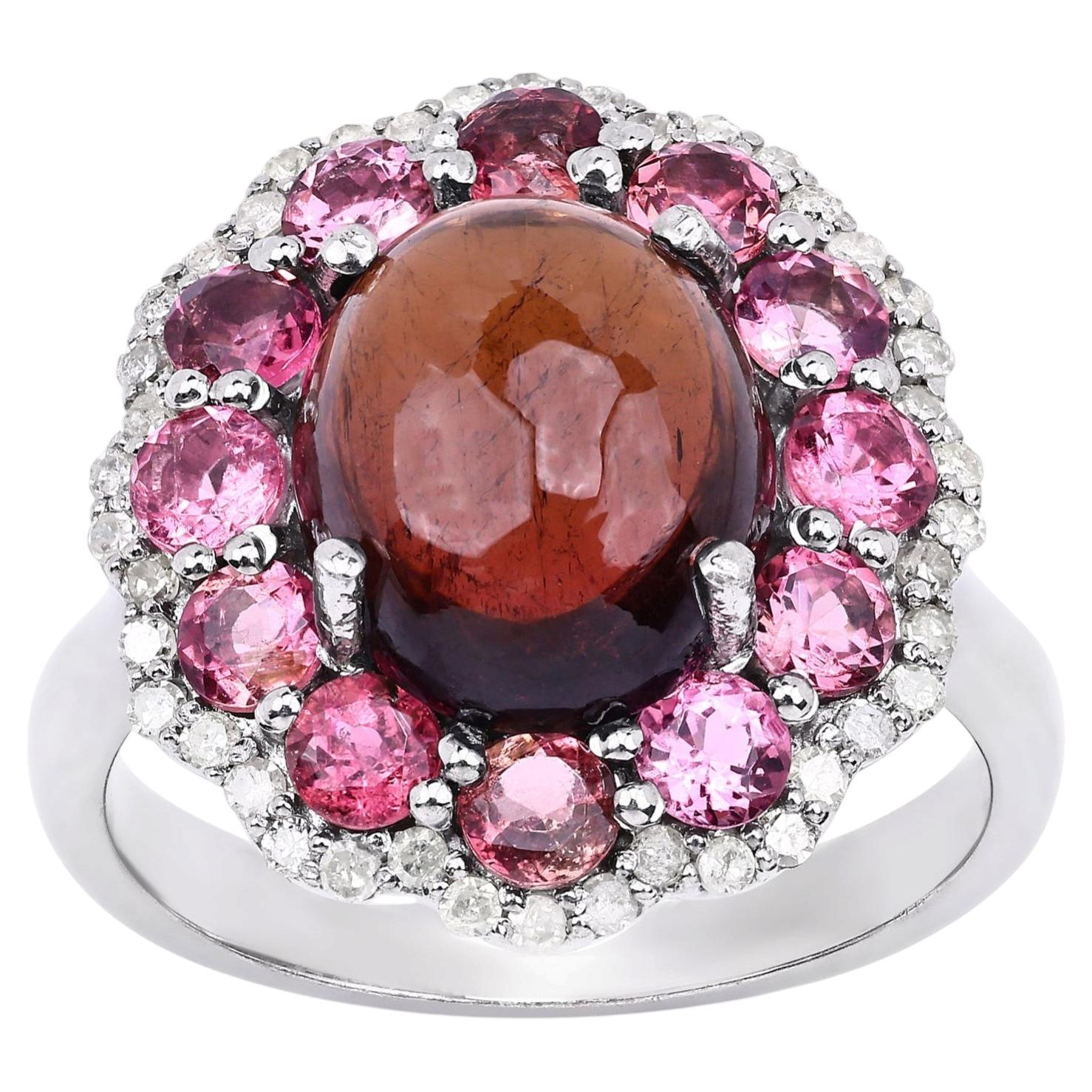 Multicolor Tourmaline Ring With Diamonds 5.72 Carats Sterling Silver