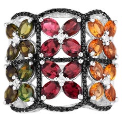 Multicolor Tourmaline Ring With White Topazes and Black Spinels 8.38 Carats