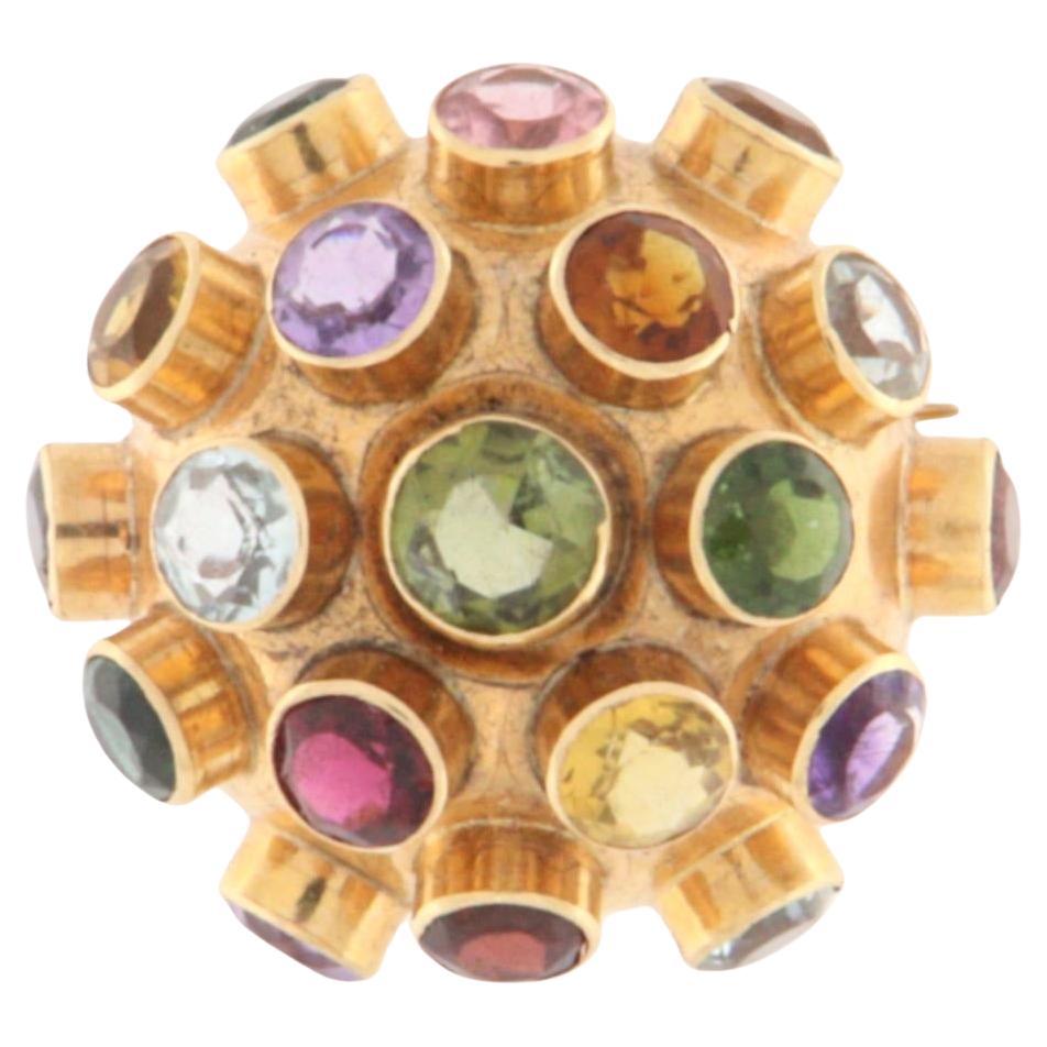 Multicolor Turmaline 18 Kt Gelbgold Art Deco-Stil Brosche im Angebot