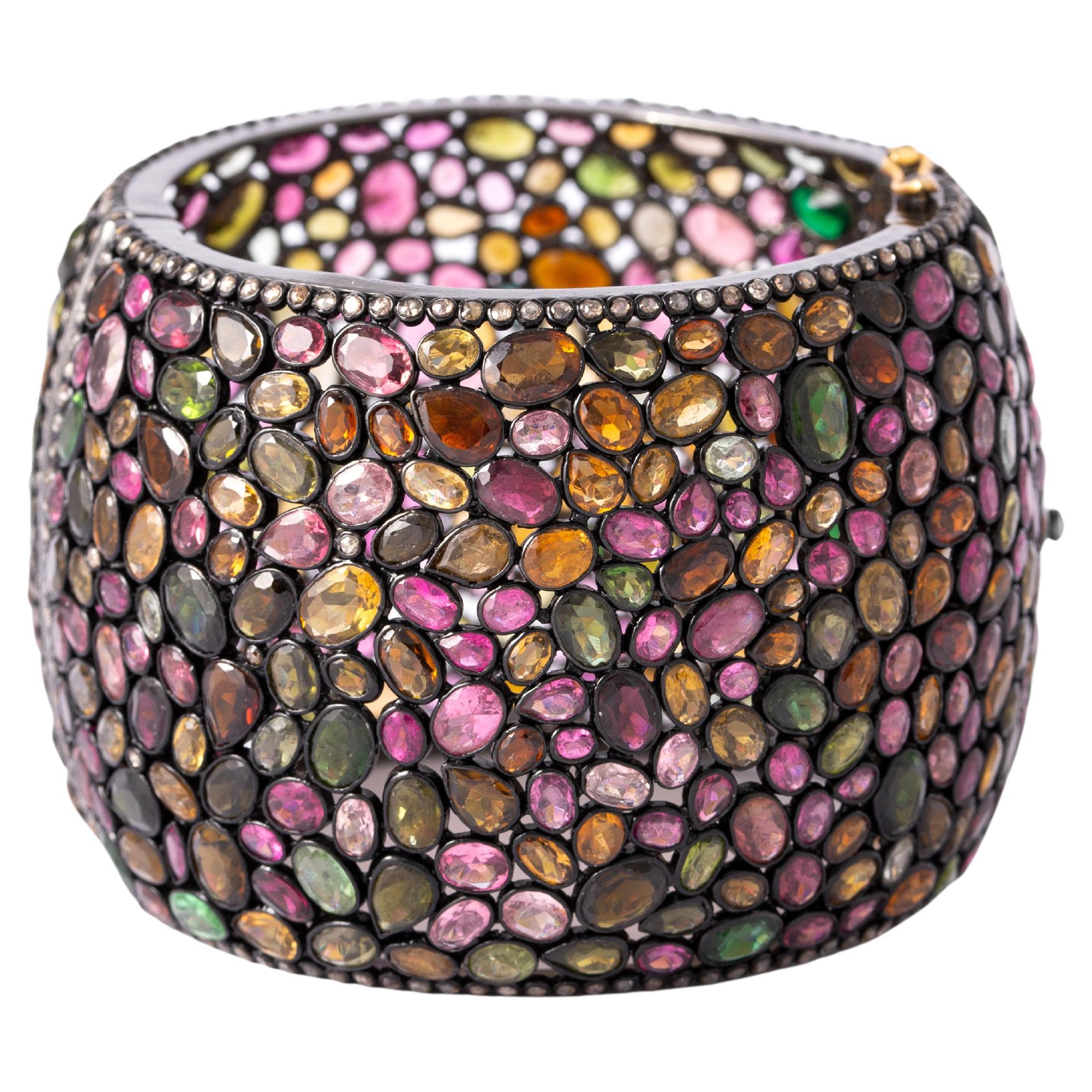 Bracelet manchette en argent noir avec tourmalines multicolores et diamants