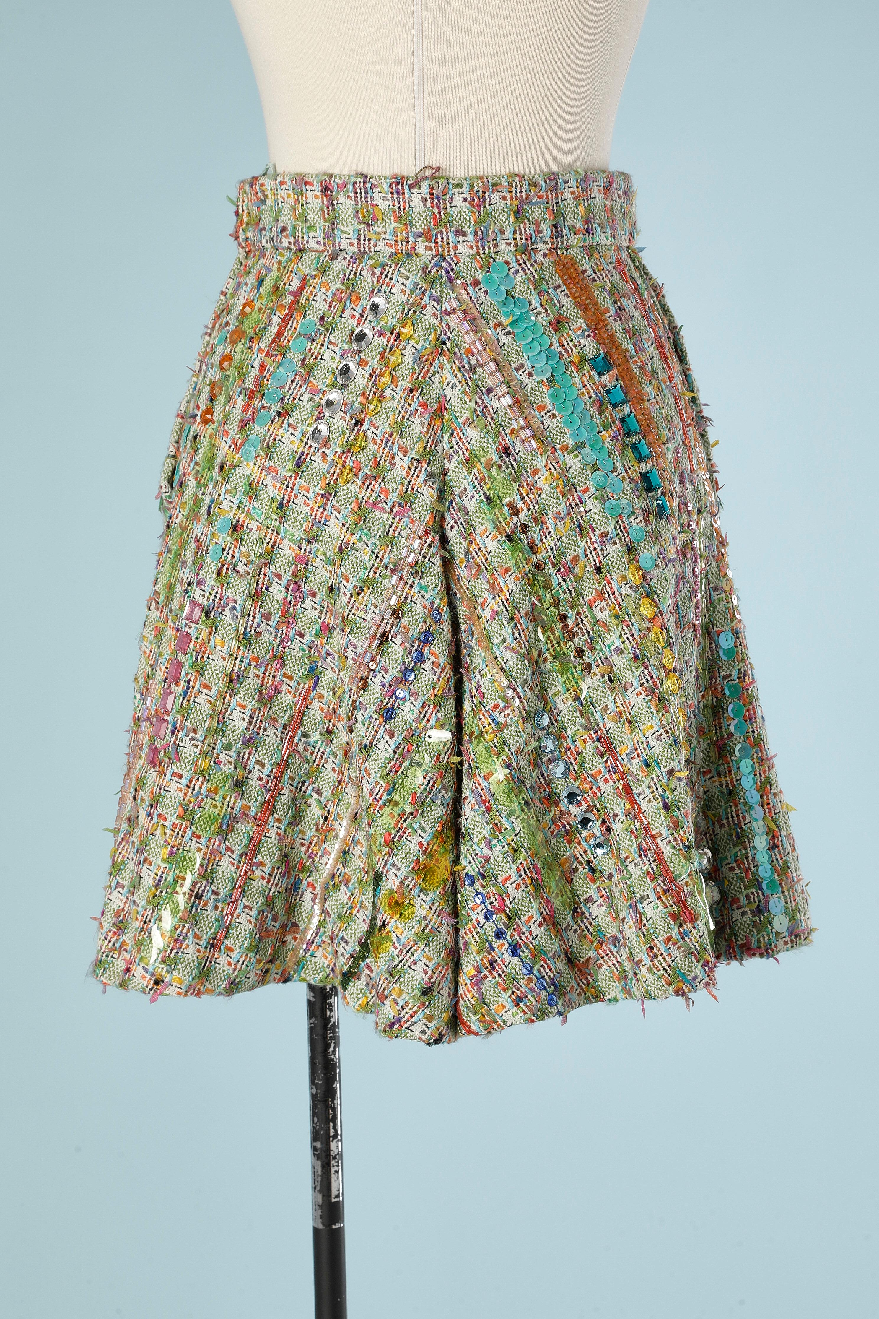 Multicolor tweed short with sequins, rhinestone and beads embroideries  Rochas  For Sale 2