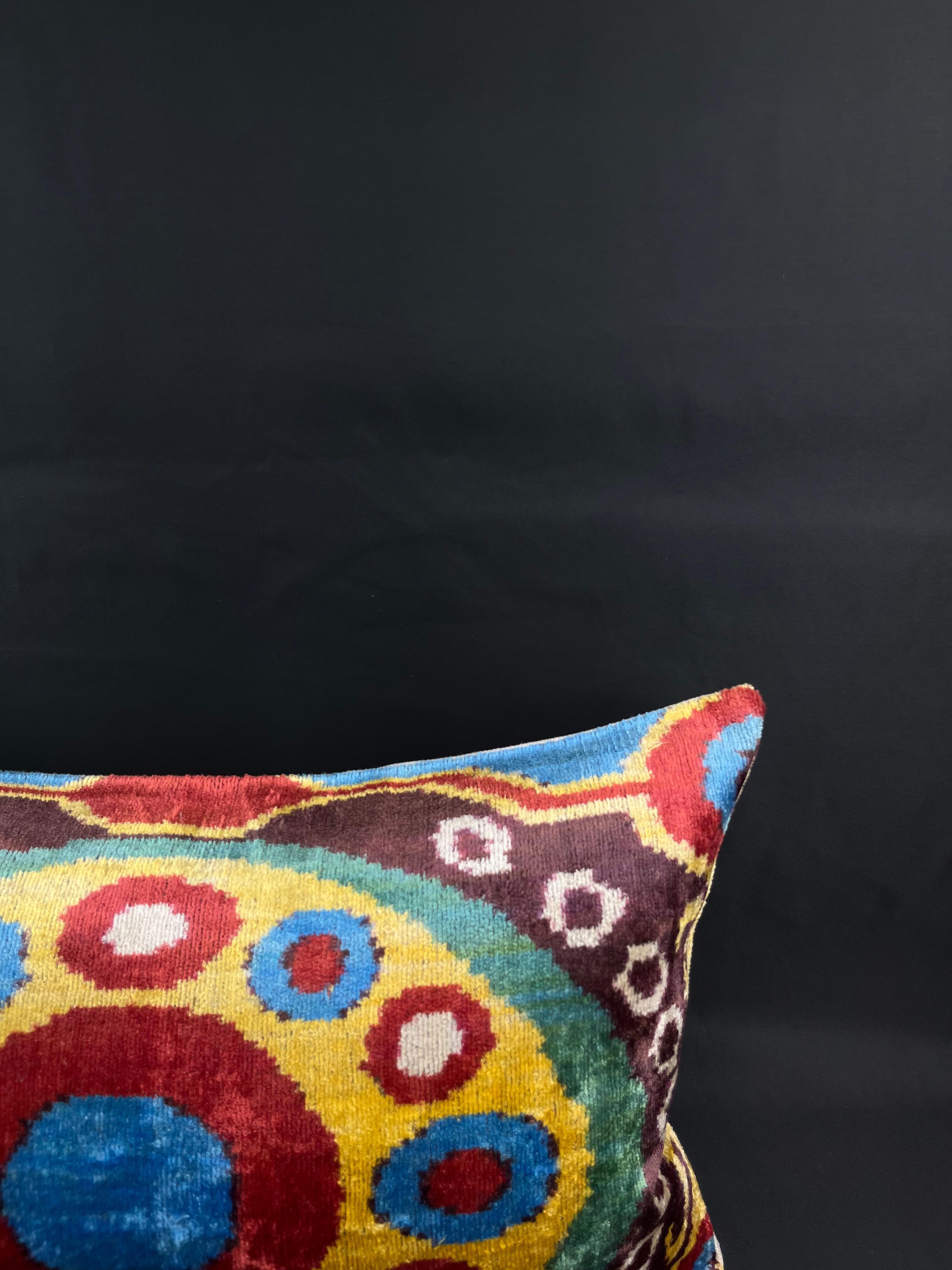 Modern Multicolor Velvet Silk Ikat Pillow Cover For Sale