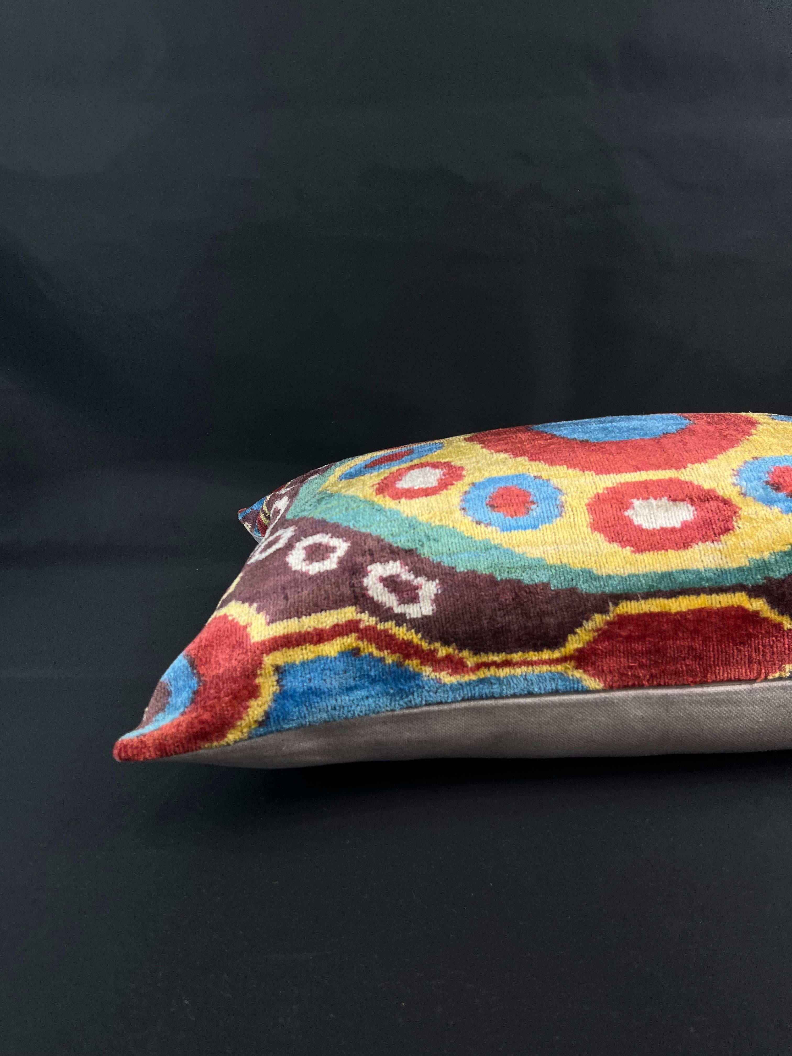 Turkish Multicolor Velvet Silk Ikat Pillow Cover For Sale
