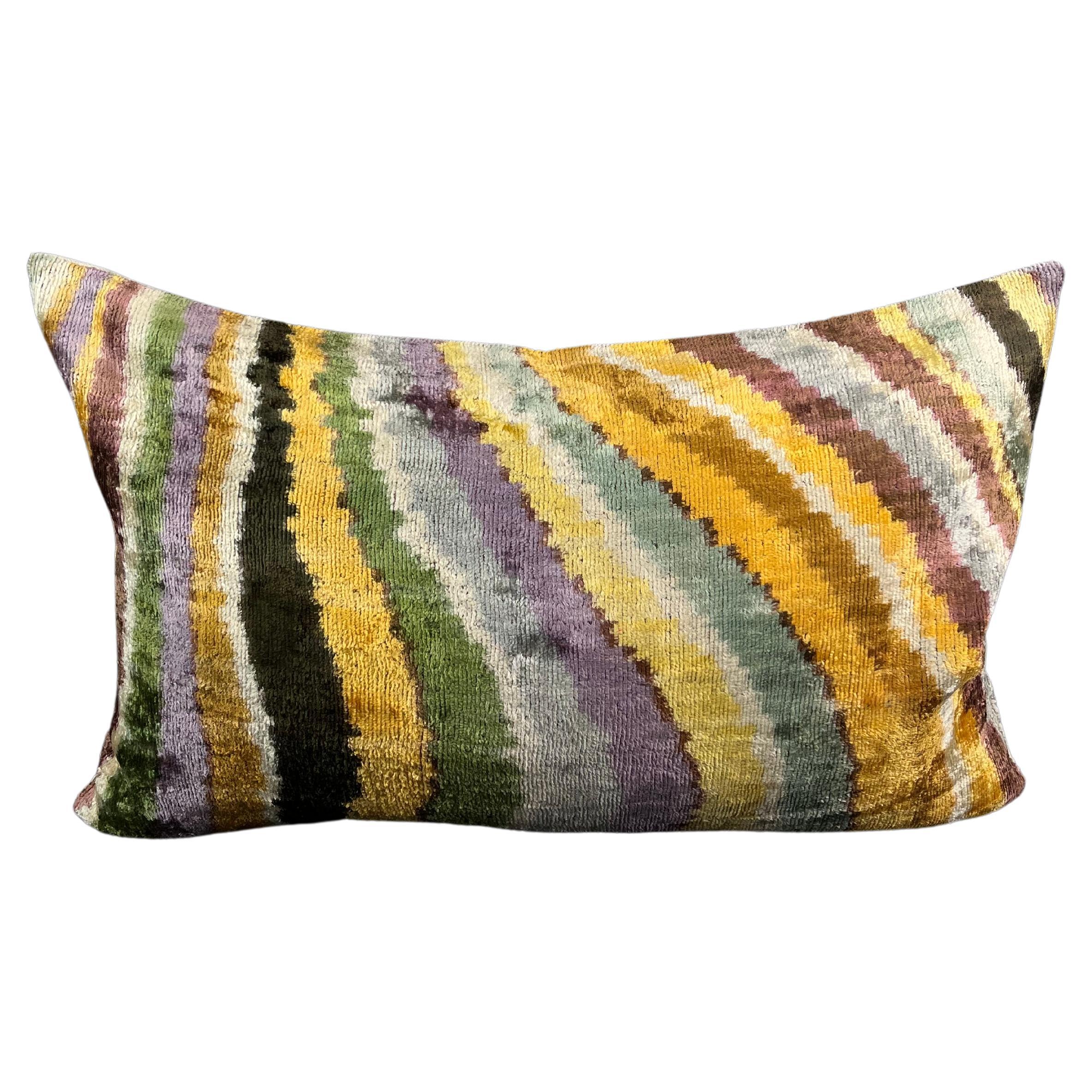 Multicolor Velvet Silk Ikat Pillow Cover For Sale