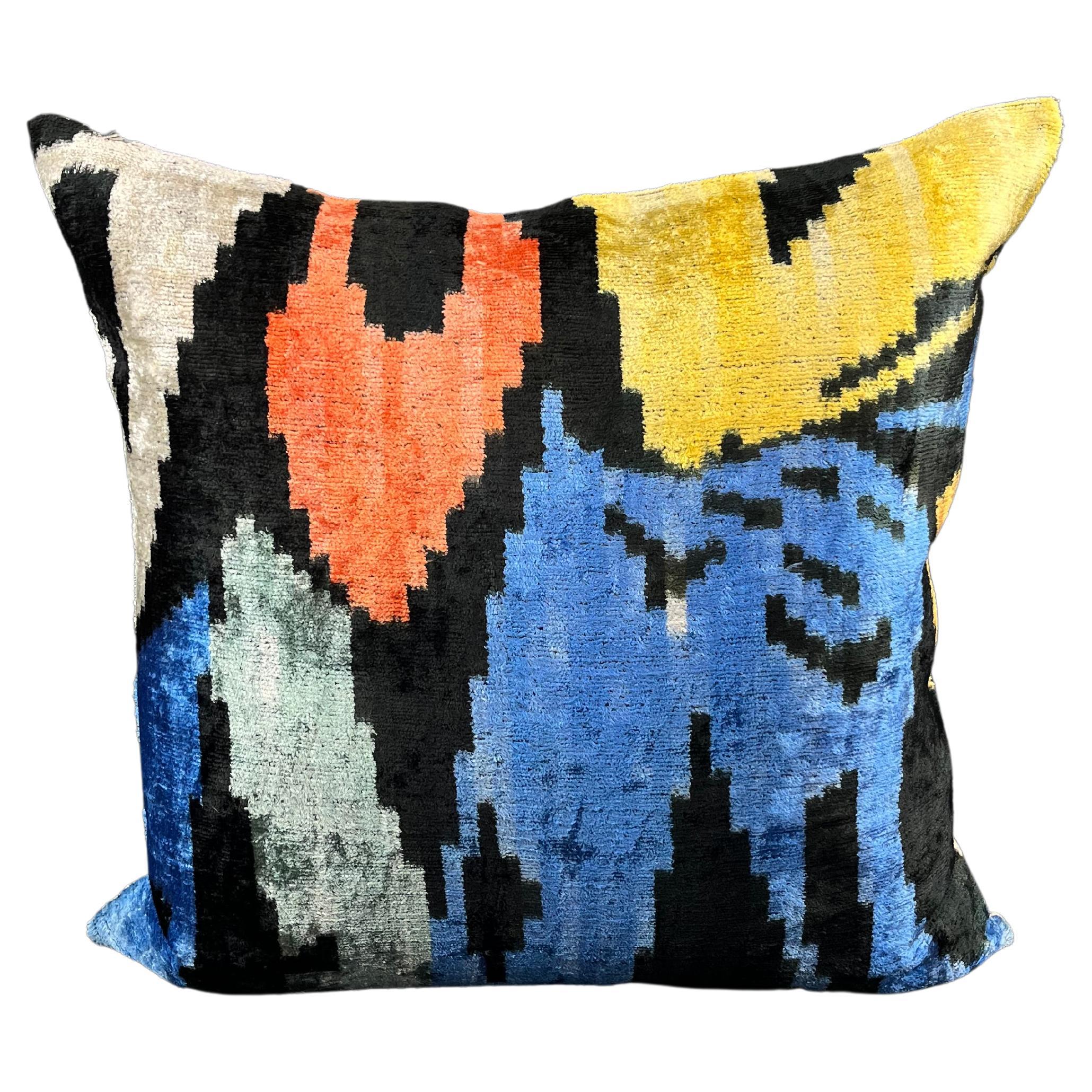 Multicolor Velvet Silk Ikat Pillow Cover