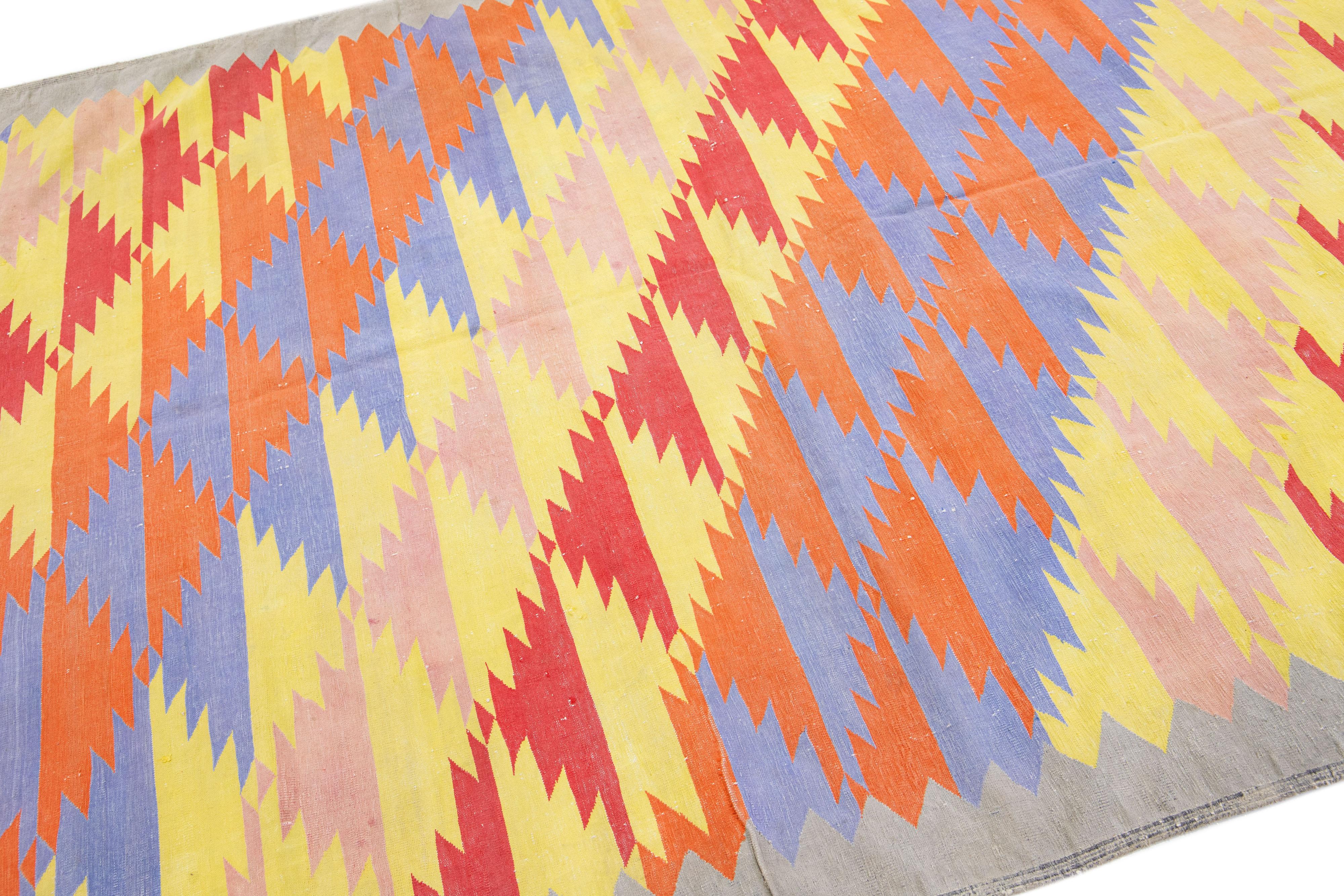 Kilim Multicolor Vinatge Cotton Durrie Wool Rug with Geometric Motif For Sale