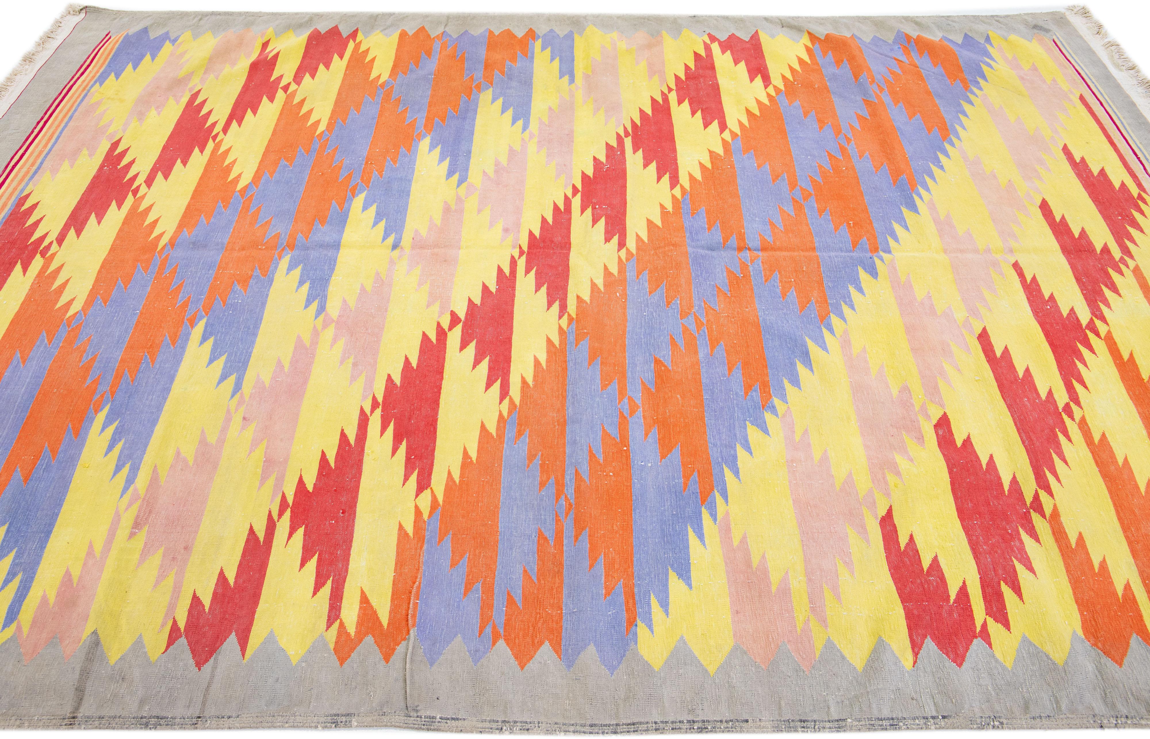 Pakistani Multicolor Vinatge Cotton Durrie Wool Rug with Geometric Motif For Sale