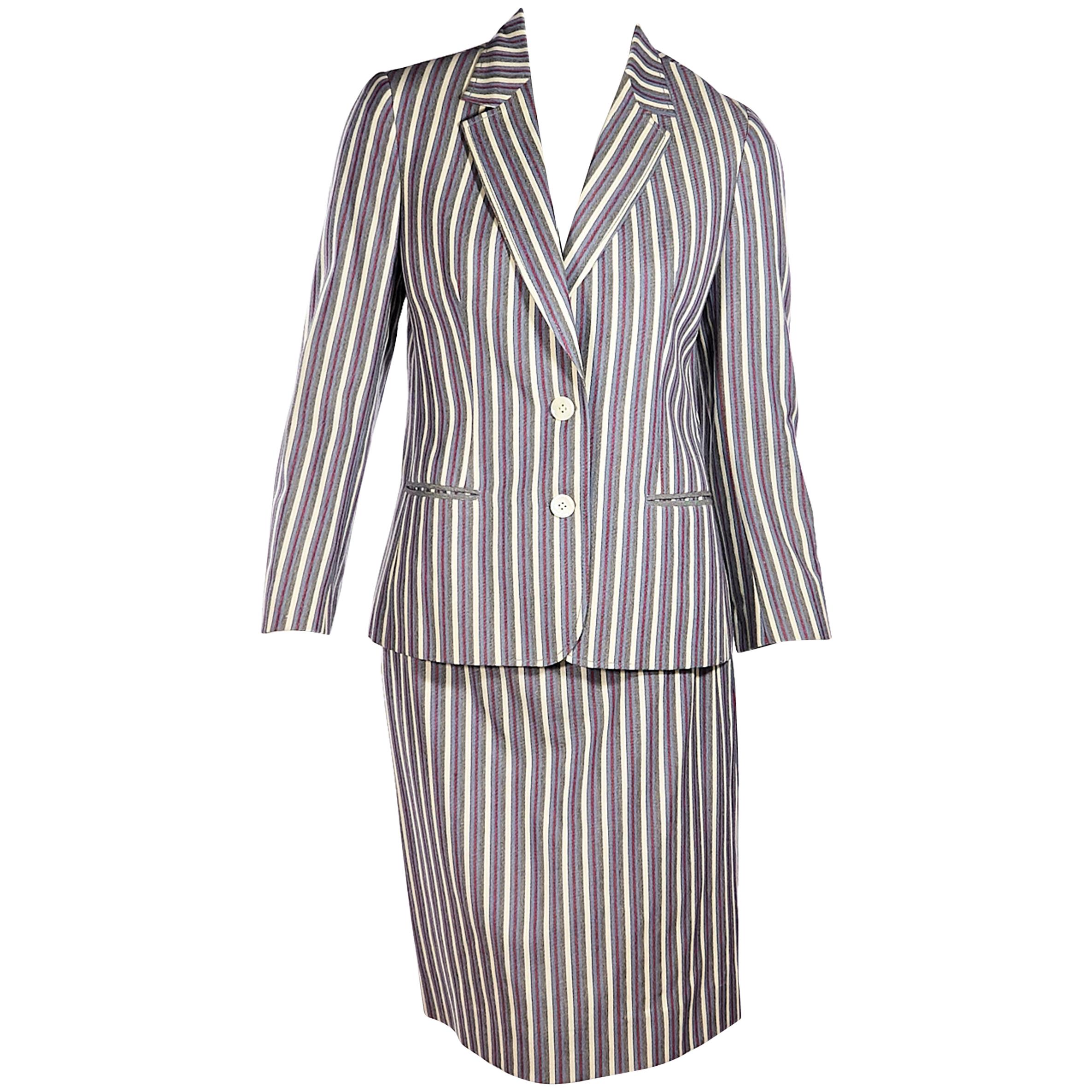 Multicolor Vintage Celine Striped Wool Skirt Suit Set
