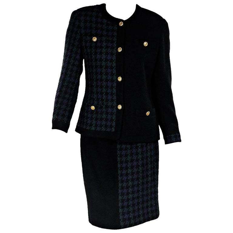 Multicolor Vintage Chanel Tweed Wool Skirt Suit Set For Sale at